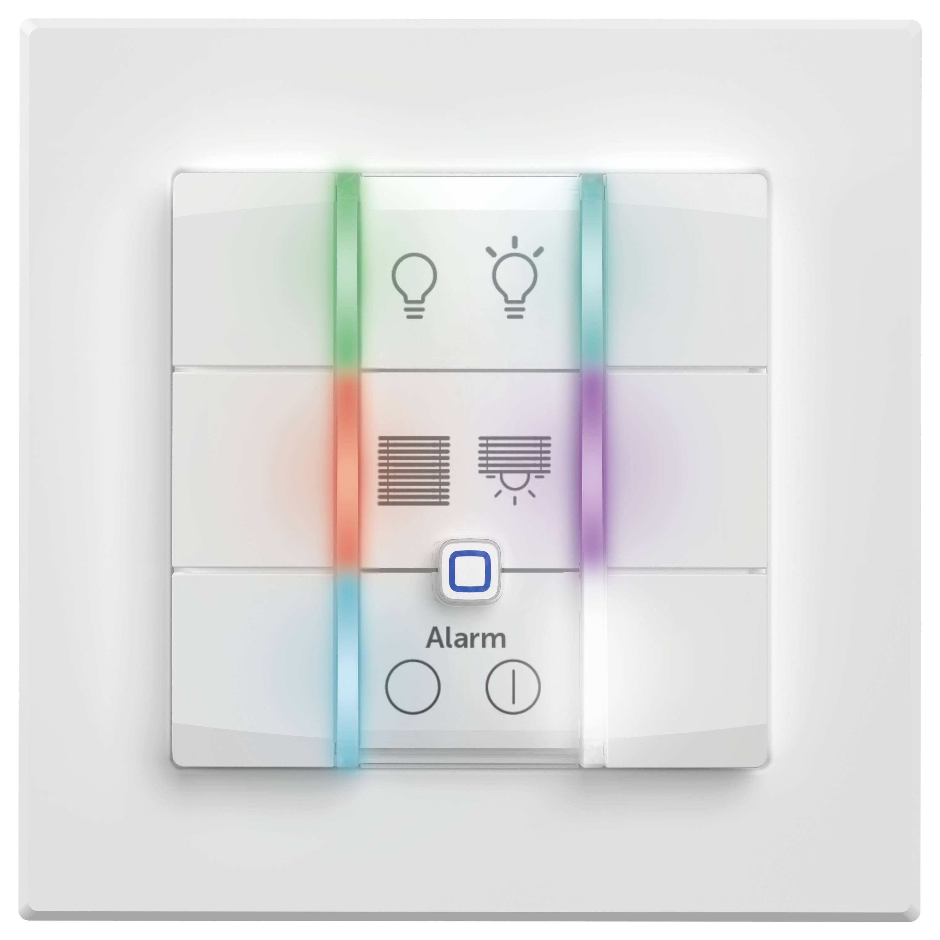 Wandmontiertes Bedienfeld mit mehreren Tasten, jeweils in verschiedenen Farben beleuchtet. Enthält Symbole für Licht- und Alarmfunktionen.