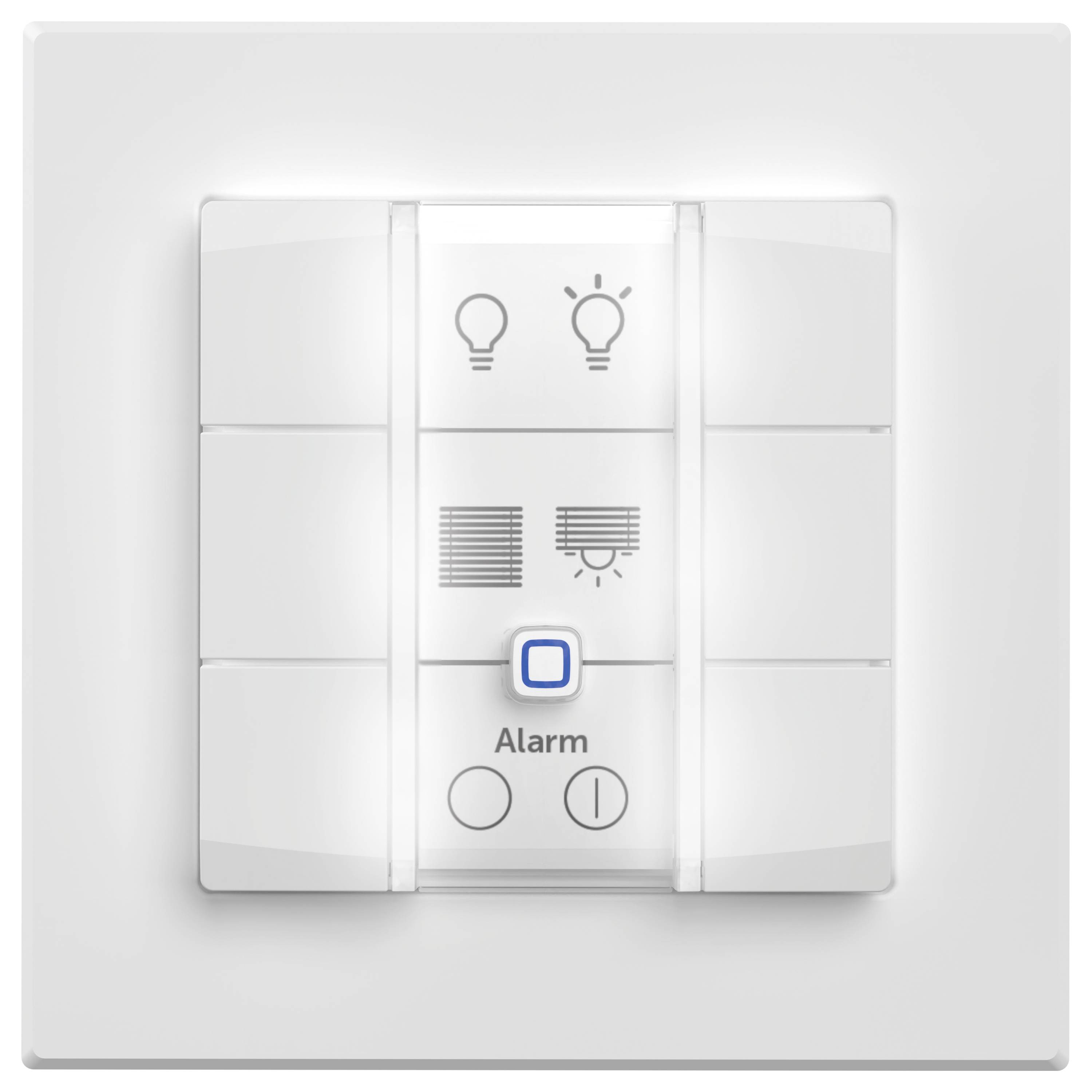 Ein weißes Wandschalter-Panel mit sechs Tasten zur Steuerung von Leuchten und Jalousien. Die mittlere Taste ist mit „Alarm
