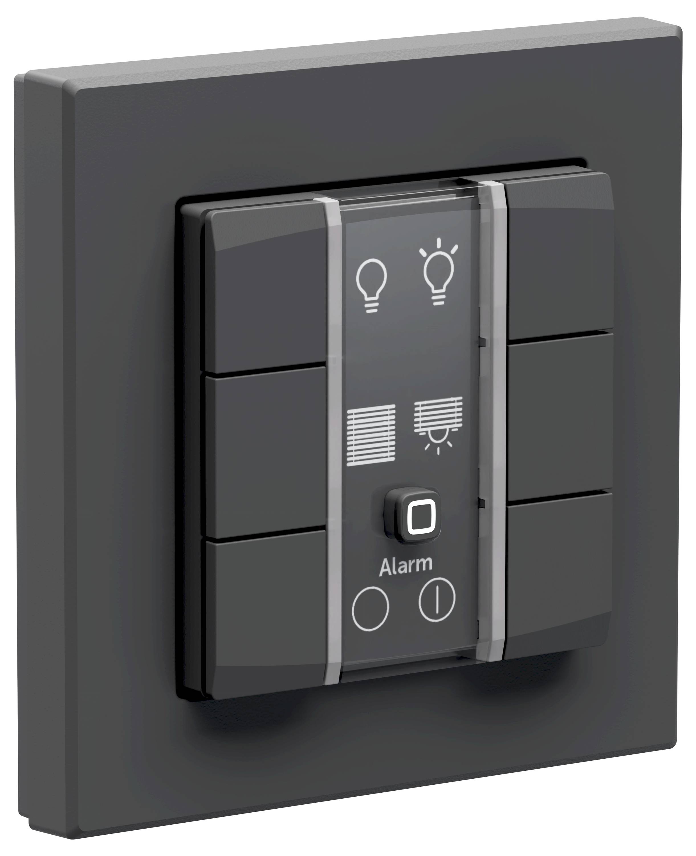 Ein schwarzes wandmontiertes Schalterpanel mit Tasten zur Beleuchtungs- und Jalousiensteuerung, unten mit 