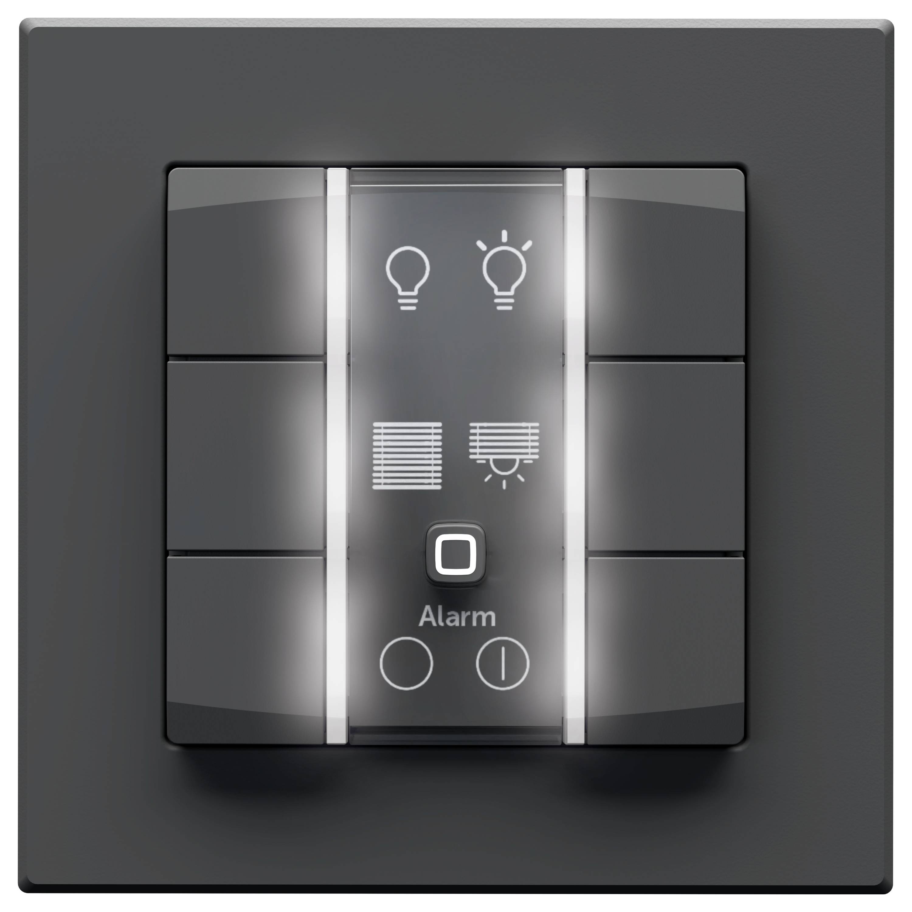 Ein dunkles rechteckiges Panel mit beleuchteten Symbolen von Glühbirnen, Jalousien und einem Alarm. Drei Tasten steuern die Beleuchtungs- und Alarmeinstellungen.