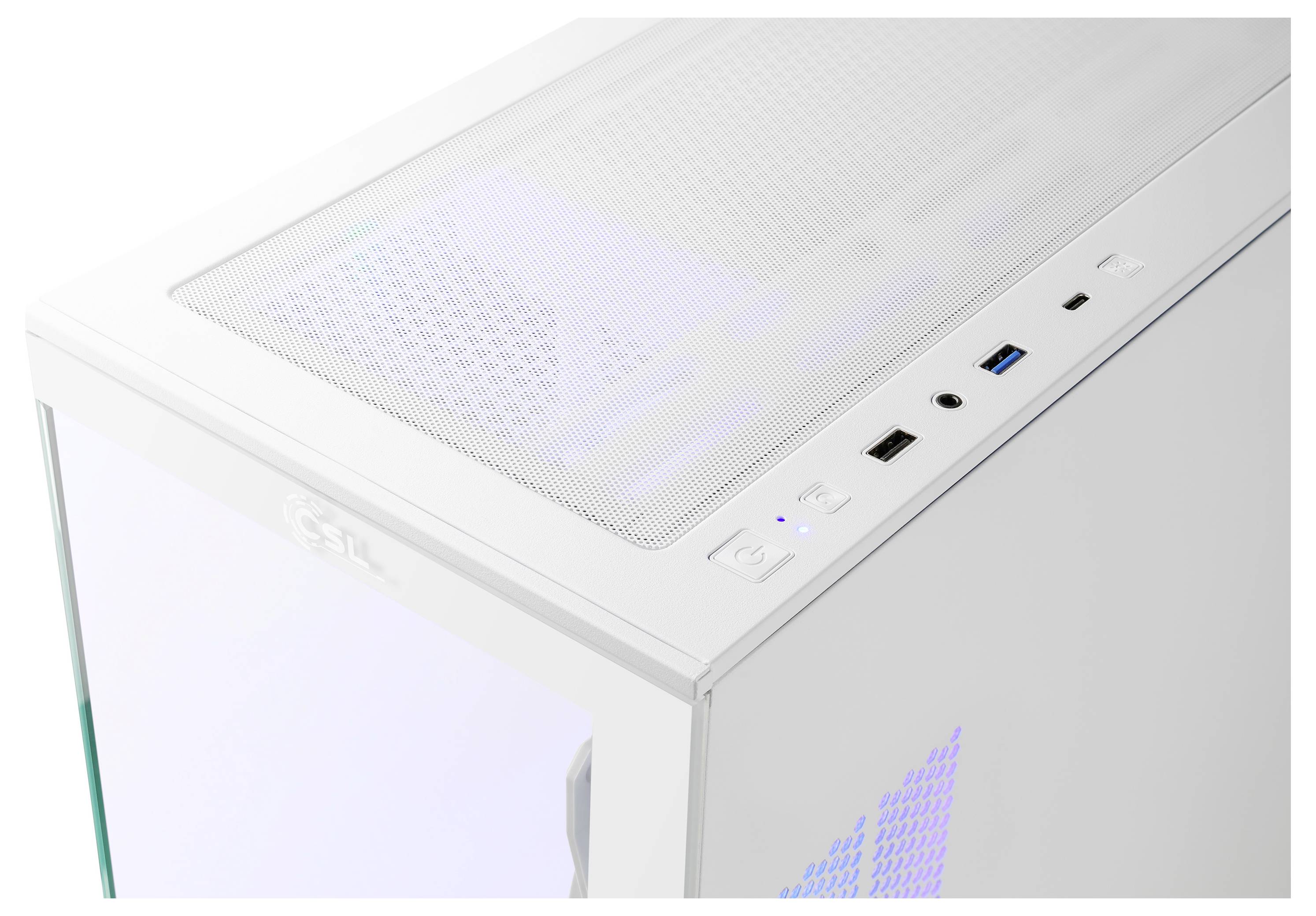 Ein weißes Computergehäuse mit USB-Anschlüssen an der Vorderseite und einem Ein-/Aus-Schalter, das ein Netzgitter-Oberteil zur Belüftung aufweist.