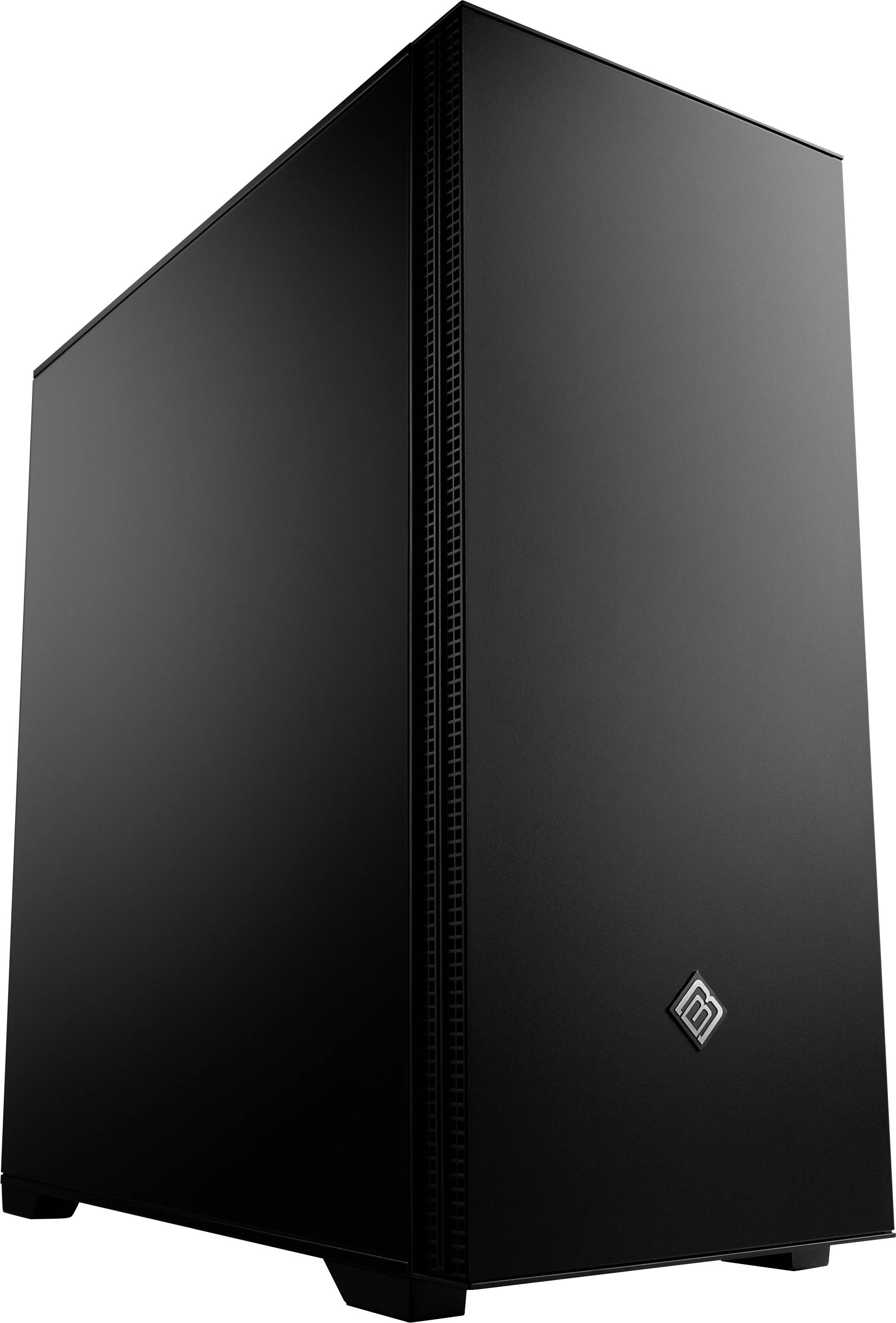 Ein schwarzer Desktop-Computer-Tower mit minimalistischem Design und einem Logo an der Vorderseite. Der Tower wird aus einem flachen Winkel betrachtet und zeigt seine schlanke Bauweise.