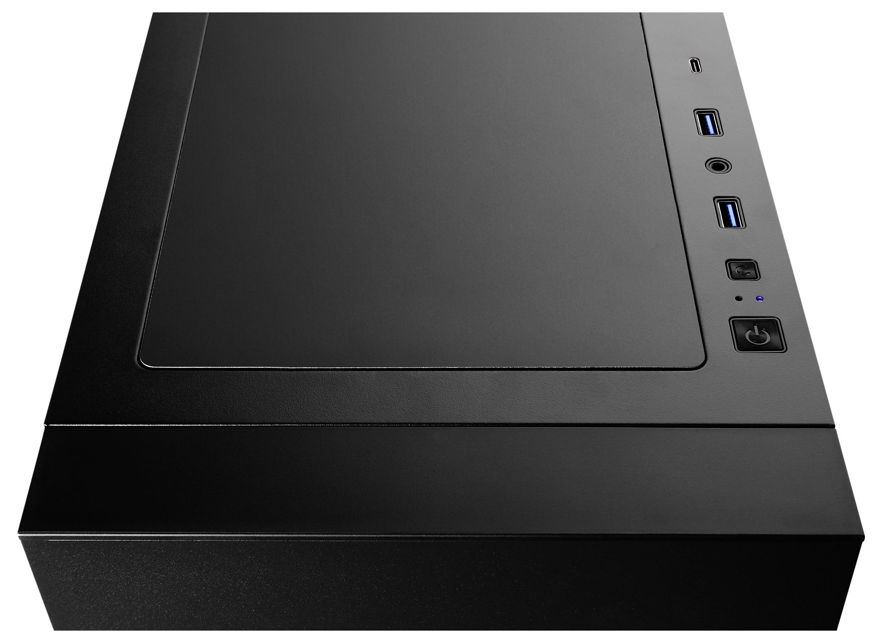 Ein schwarzes Computergehäuse mit vorderen USB-Anschlüssen, Netztaster und anderen Bedienelementen, die auf der oberen rechten Seite sichtbar sind.