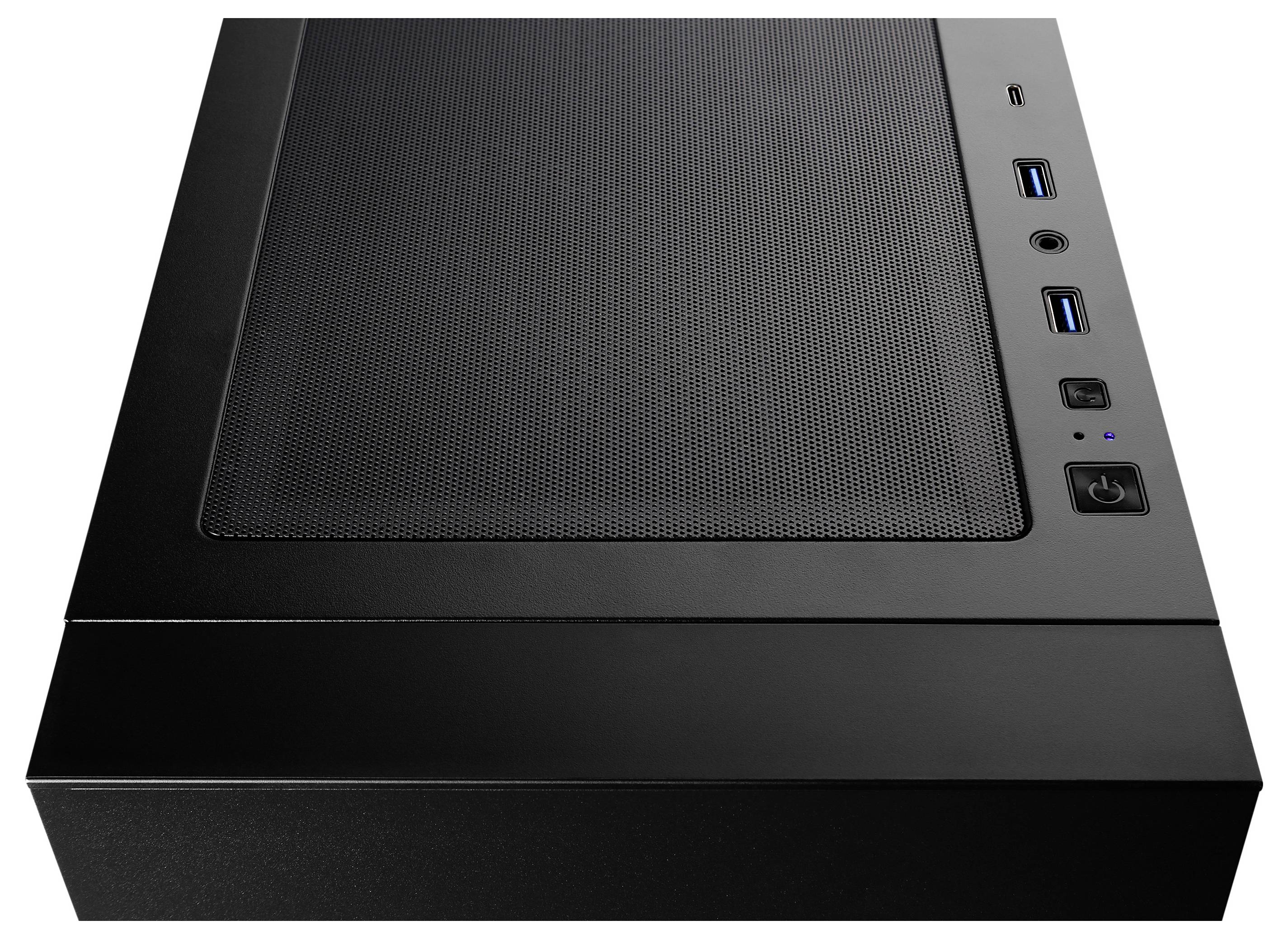 „Eine Draufsicht eines Computergehäuses mit Maschenfeld, USB-Anschlüssen, Audiobuchse, Ein-/Ausschalter und Zurücksetzen-Taste.