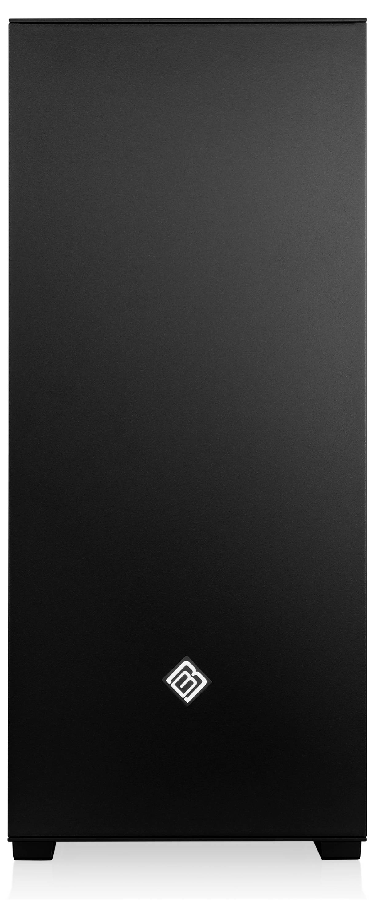 Ein schwarzer Computer-Tower mit minimalistischem Design, mit einem weißen Logo in der Nähe der unteren Mittelmitte.