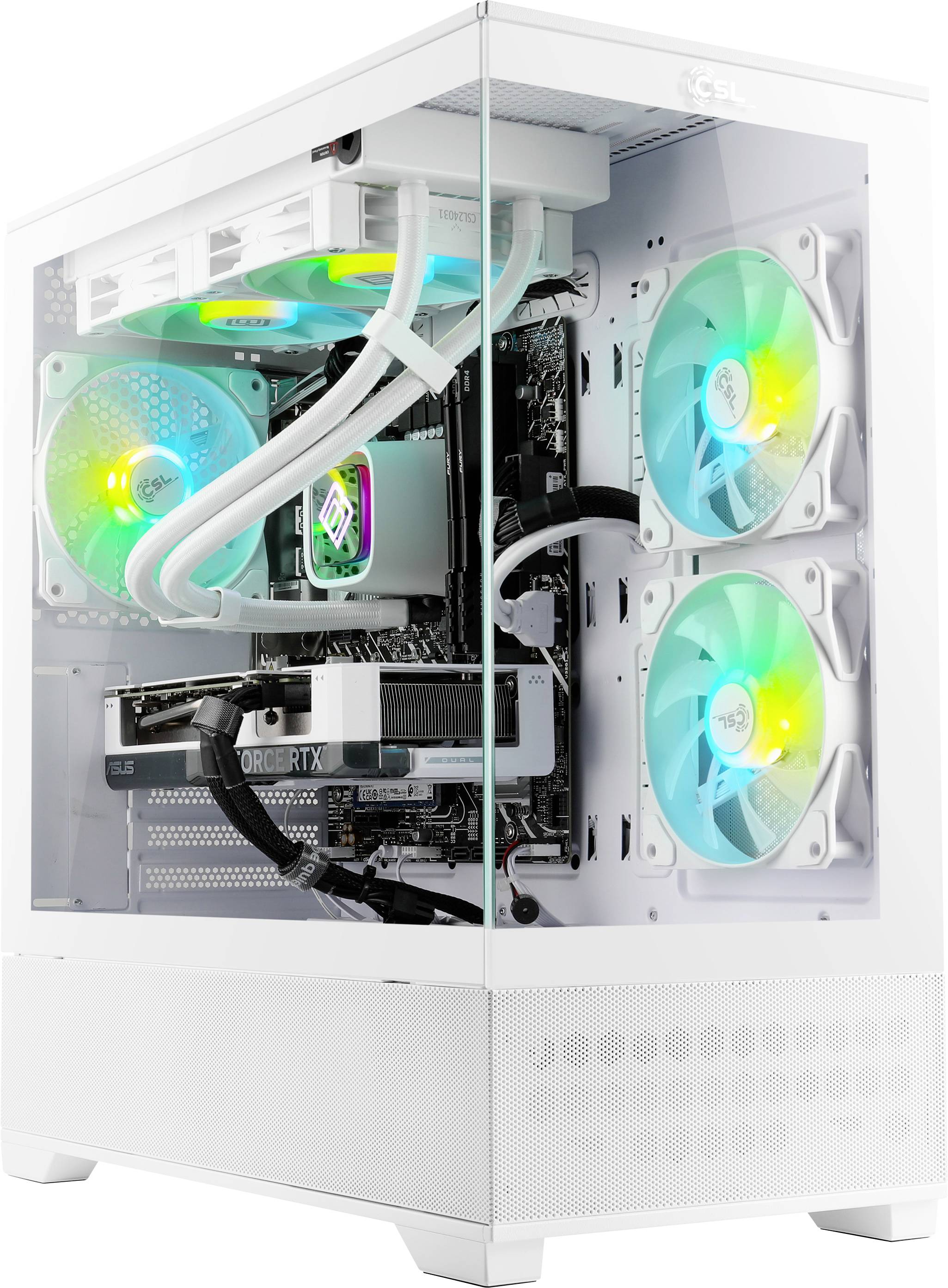 Ein weißes Gaming-PC mit Glasseitenpaneel zeigt RGB-beleuchtete Kühlventilatoren, ein Wasserkühler-system und moderne Komponenten im Inneren.