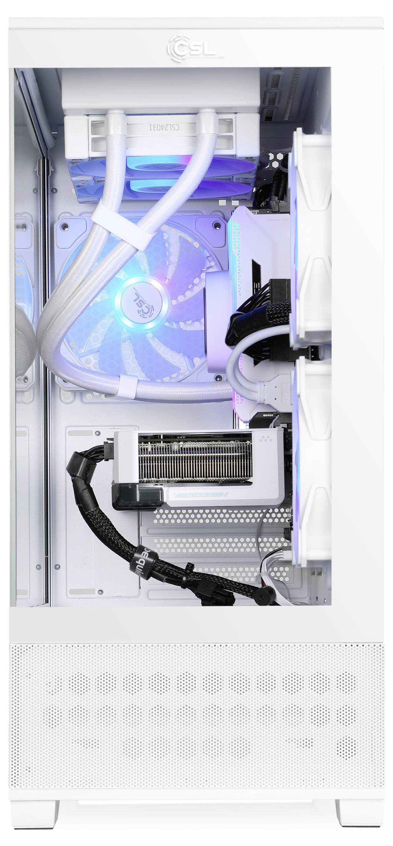 Ein schwarzer Desktop-Computer-Turm mit einem seitlichen Glaspanel und roter Innenbeleuchtung, der ein modernes, elegantes Design zur Schau stellt.