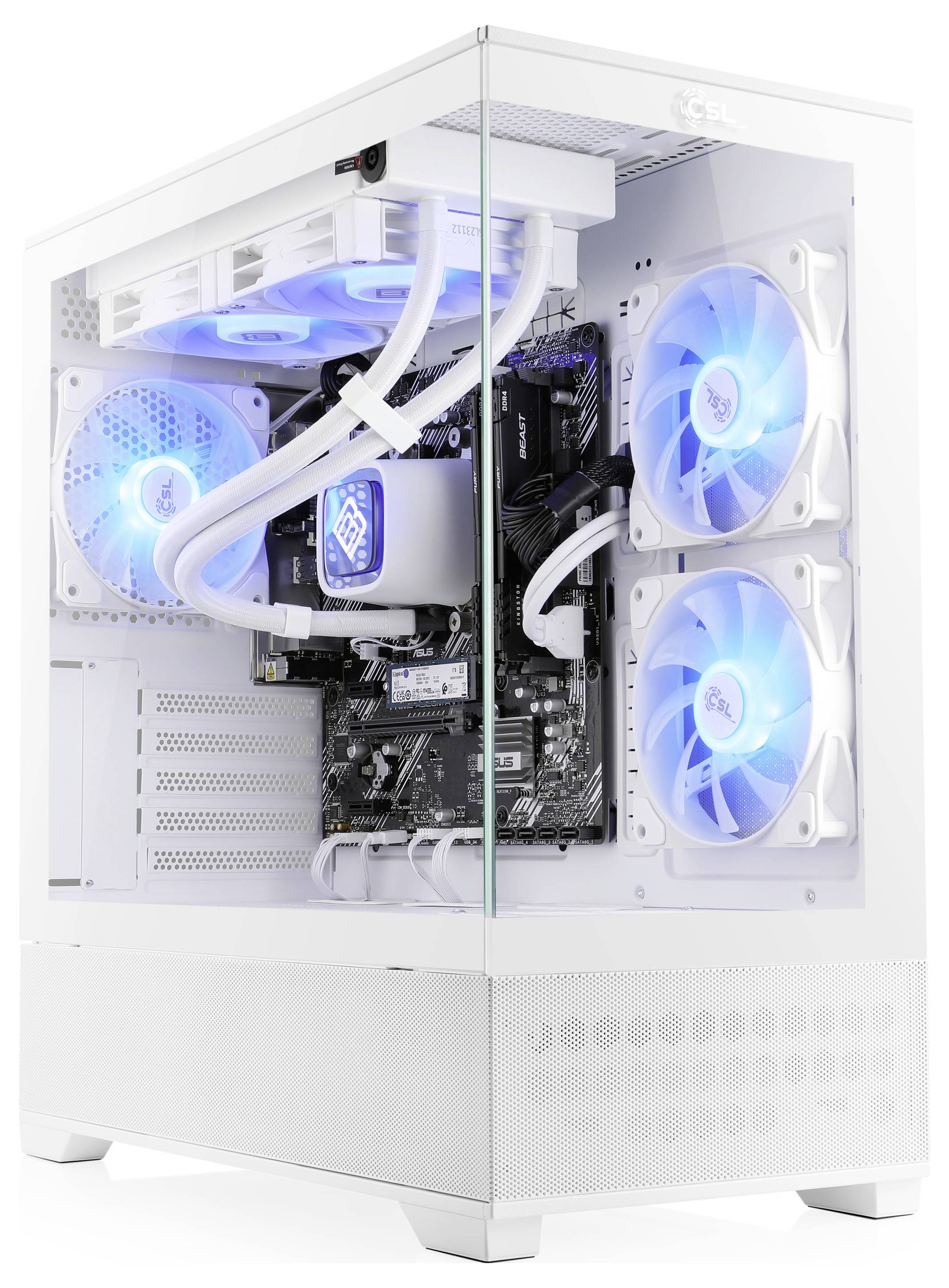 Ein weißer, maßgefertigter Desktop-Computer mit drei blauen LED-Kühlventilatoren und sichtbaren internen Komponenten, einschließlich Verkabelung und Leiterplatten.