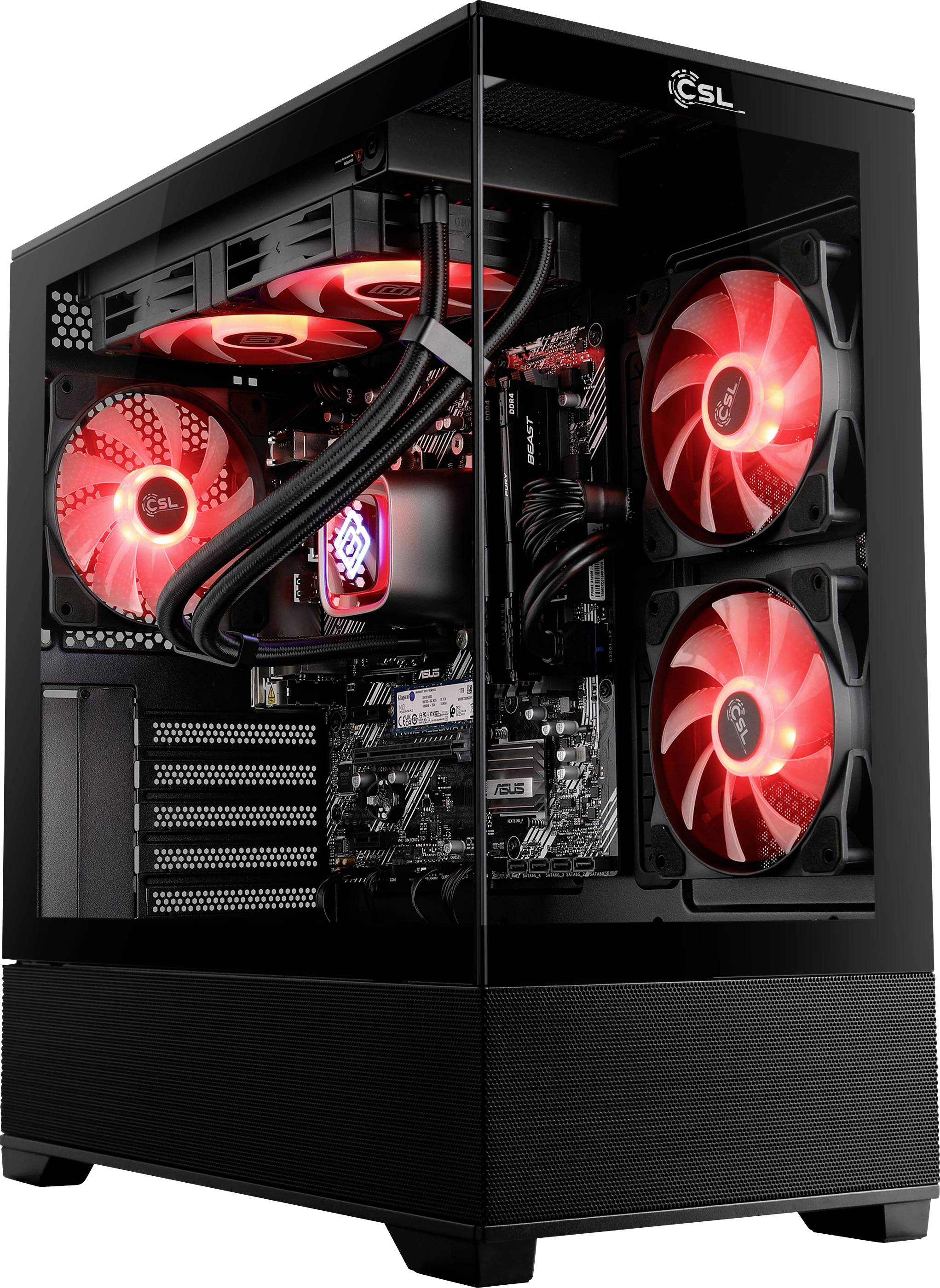 Ein moderner Desktop-Computer mit transparenter Seitenwand, die rote LED-Lüfter und interne Komponenten zeigt, wobei die Kühl- und Designfunktionen hervorgehoben werden.