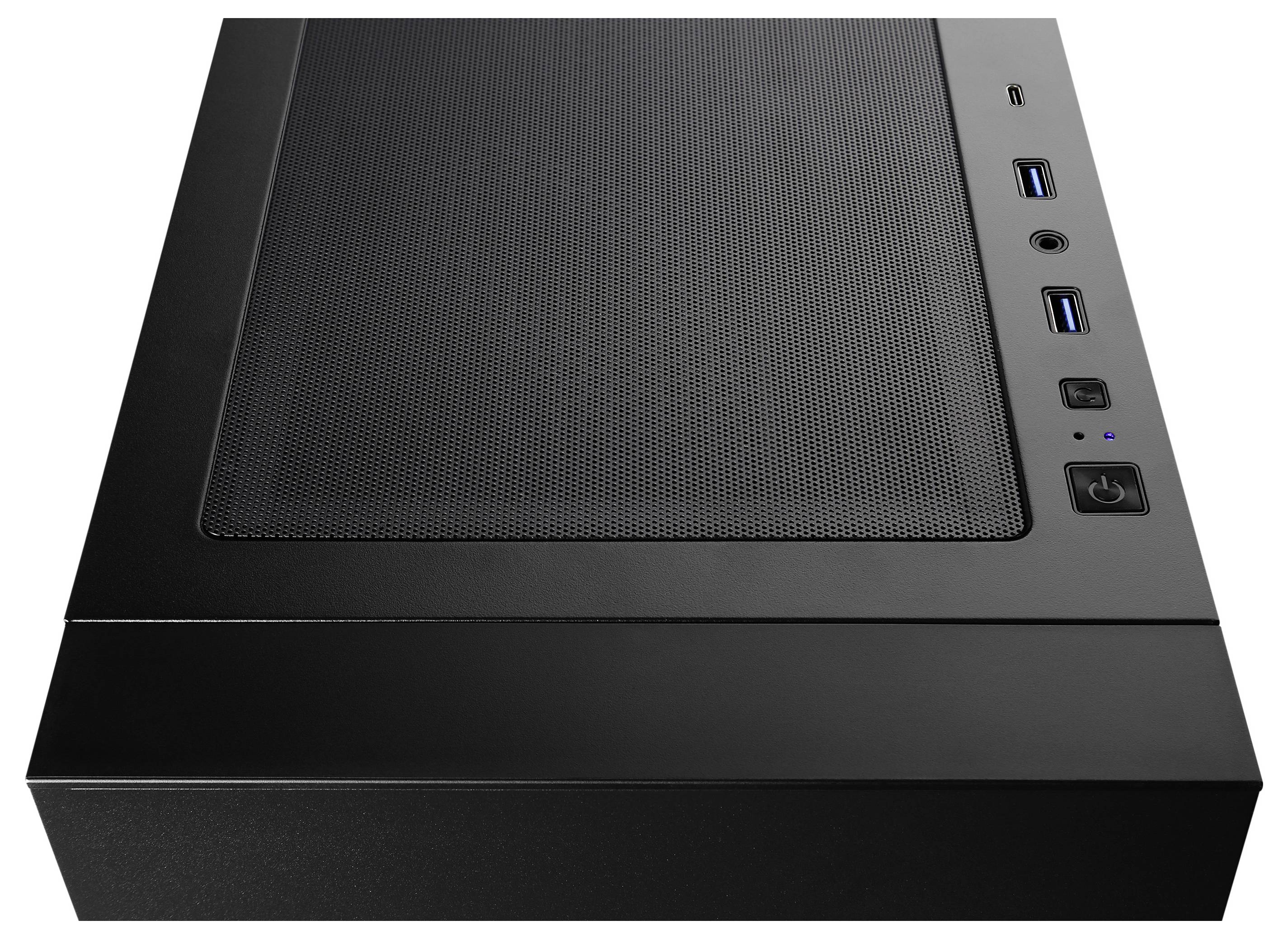 Ein schwarzes Computergehäusepaneel mit USB-Anschlüssen, Einschaltknopf und Belüftungsgitter oben.