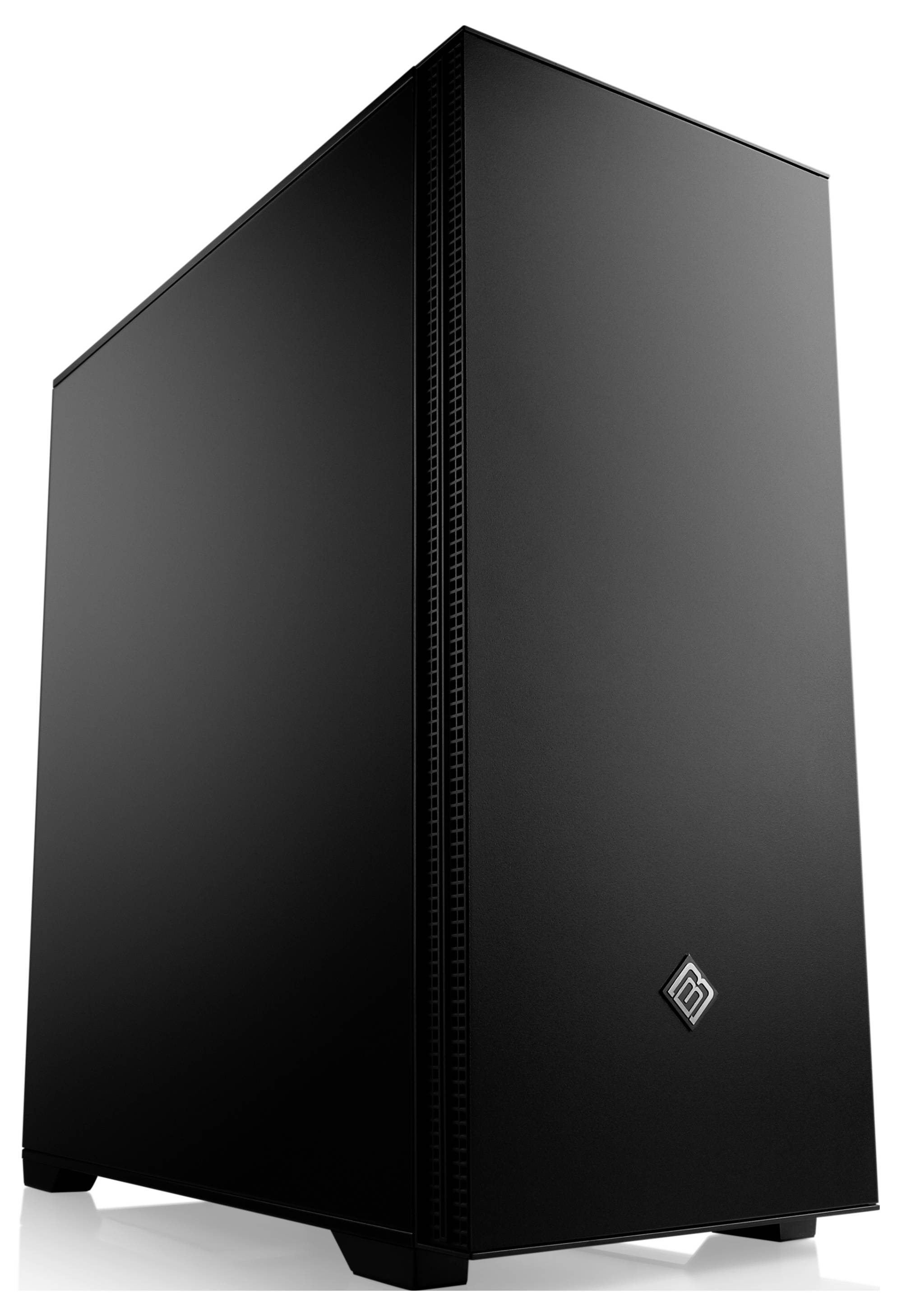 Ein schlanker schwarzer Computer-Turm mit minimalistischem Design und einem kleinen Logo auf der vorderen Bedienleiste.