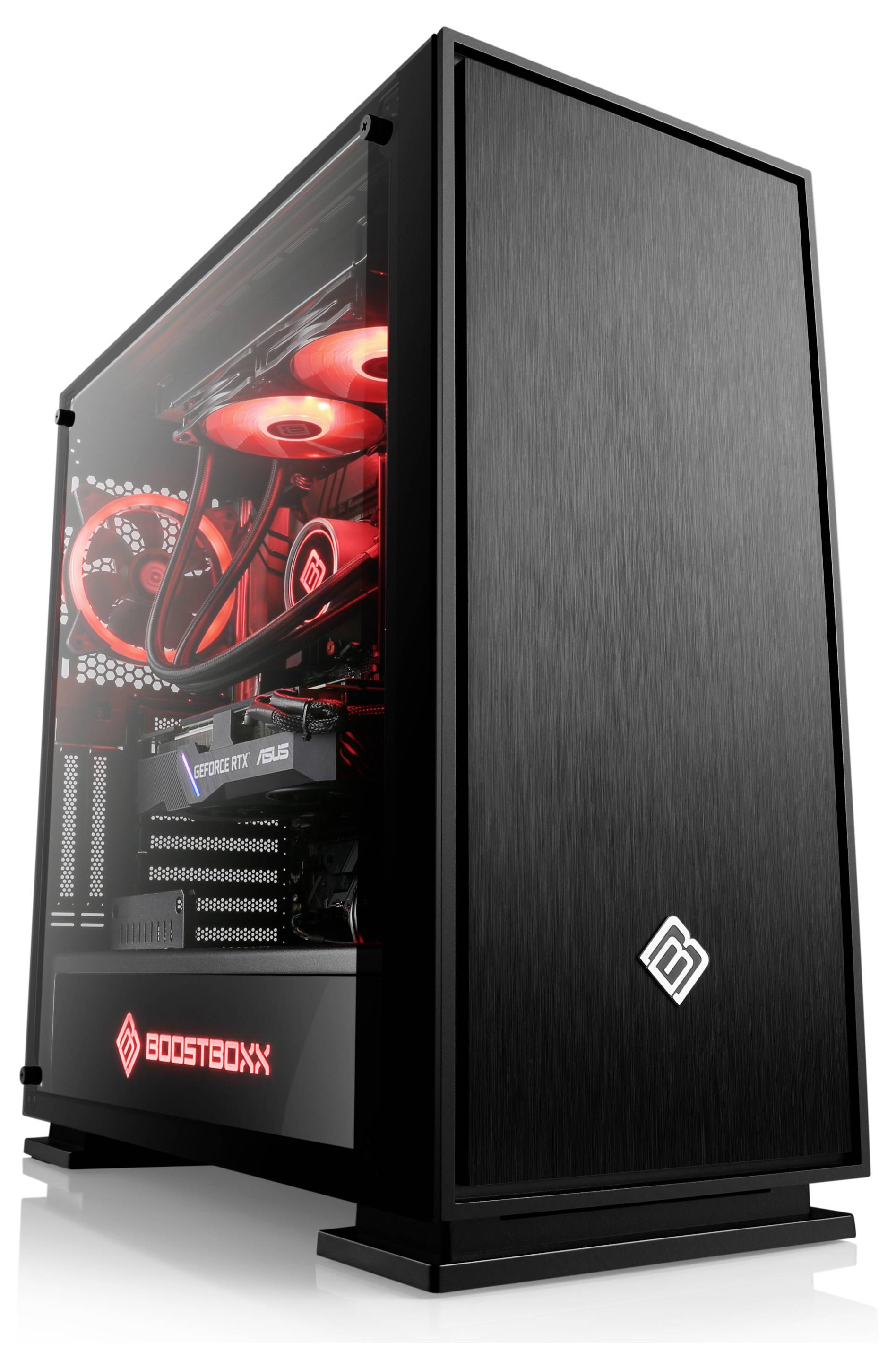 Ein schlanker schwarzer Computer-Tower mit transparenter Seitenwand zeigt interne Komponenten, darunter leuchtende rote Lüfter, eine Grafikkarte und Branding.