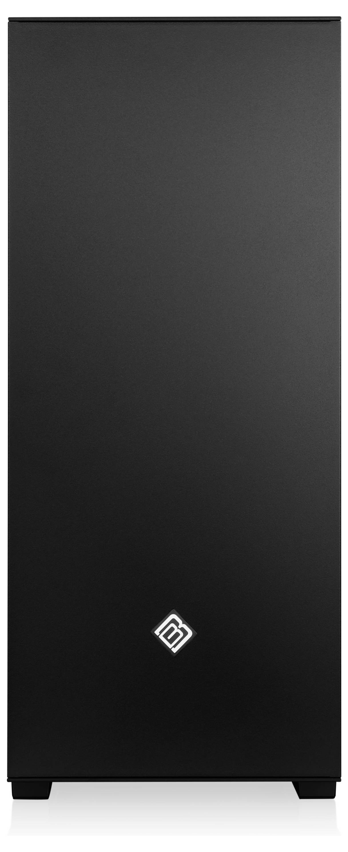 Ein schwarzes Computergehäuse mit minimalistische Ausgestaltung und einem kleinen geometrischen Logo in der Mitte des vorderen Bedienfeldes.