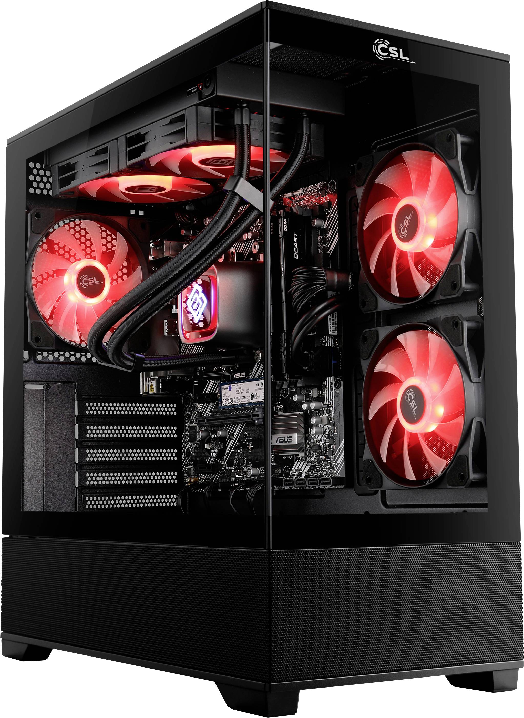 Ein Desktop-Gaming-PC mit sichtbaren internen Komponenten, einschließlich roter LED-Kühlventilatoren, einer Hauptplatine und einem Flüssigkeitskühlung­ssystem.