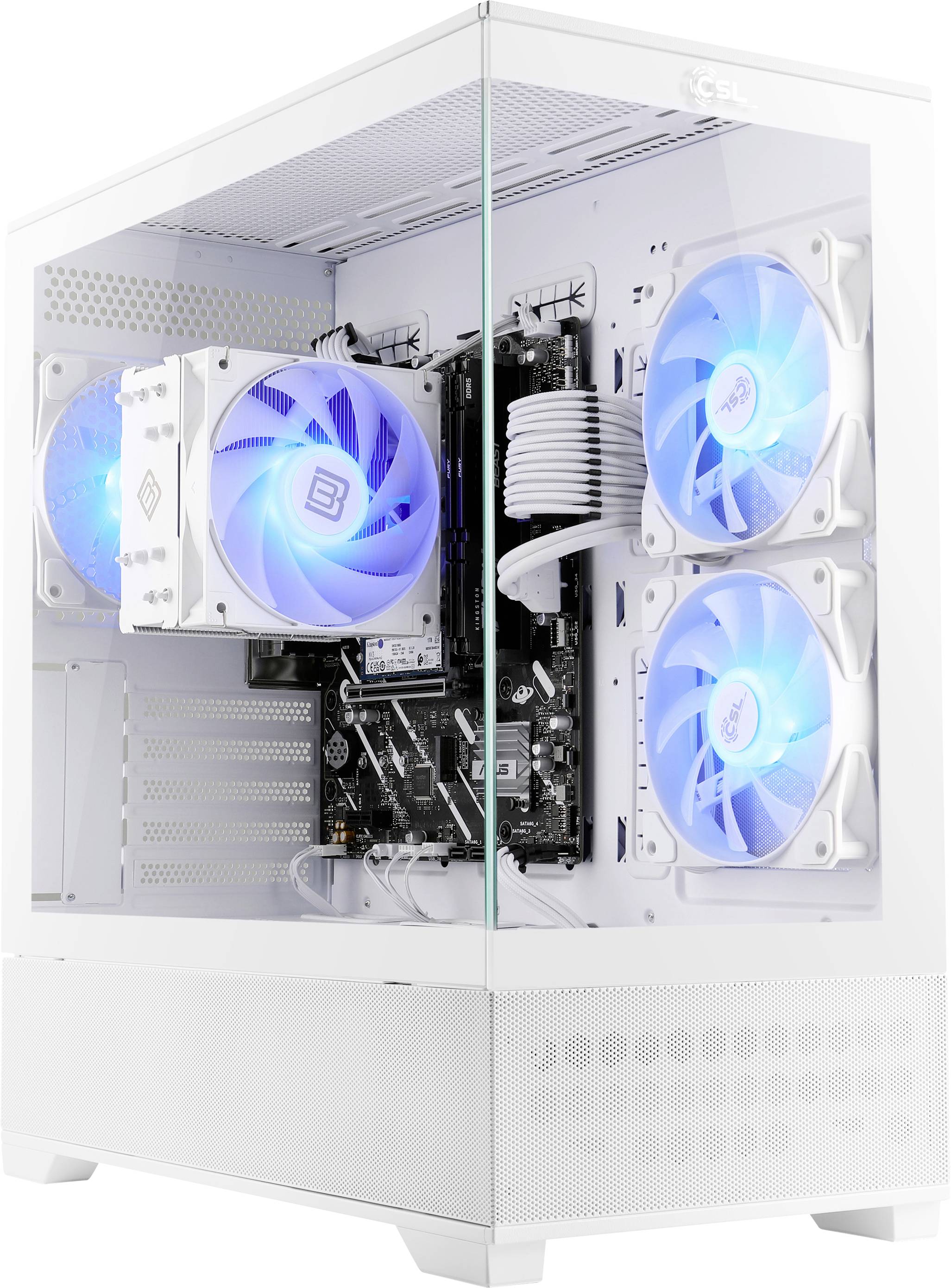 Ein weiß lackierter, maßgeschneiderter Desktop-Computer mit transparenter Seitenwand, die leuchtende blaue Kühlventilatoren und ordentlich angeordnete interne Komponenten zur Schau stellt.