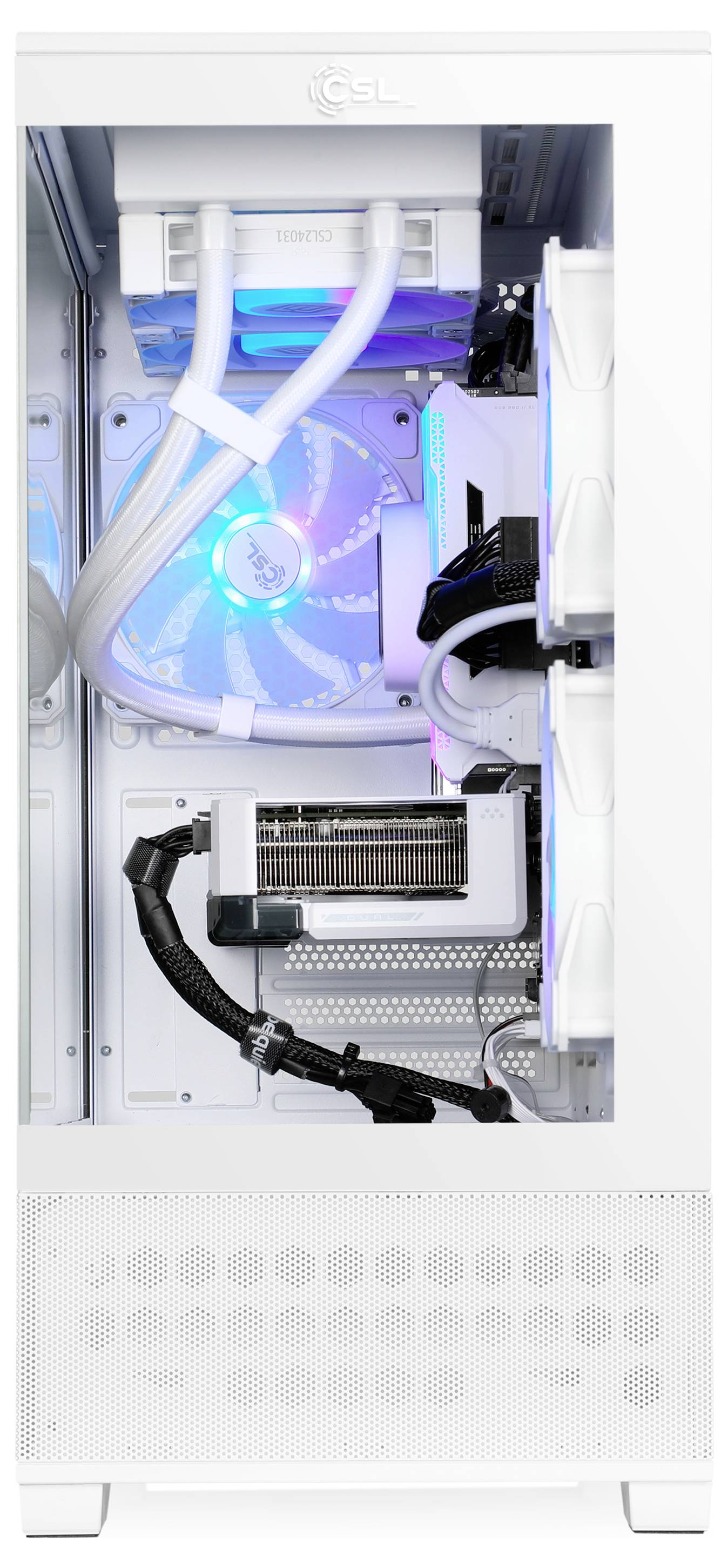 Inneres eines weißen Computer-Towers mit Flüssigkeitskühlung mit RGB-Beleuchtung, prominenten Lüftern und ordentlich angeordneten Komponenten.