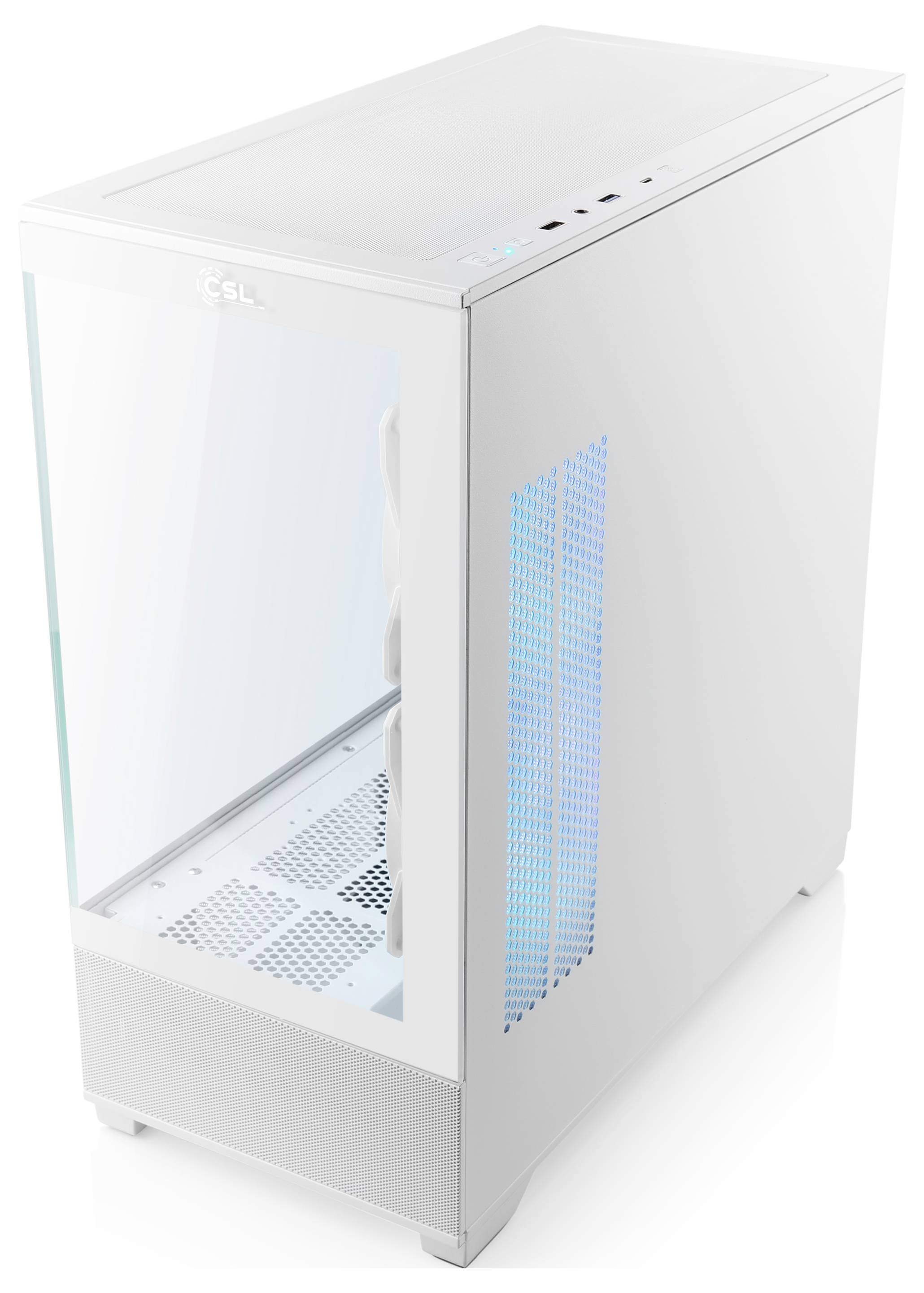 Ein weißer Computer-Tower mit durchsichtigem Seitenpanel, Belüftung an der Vorderseite und oben angebrachten Knöpfen und USB-Anschlüssen.