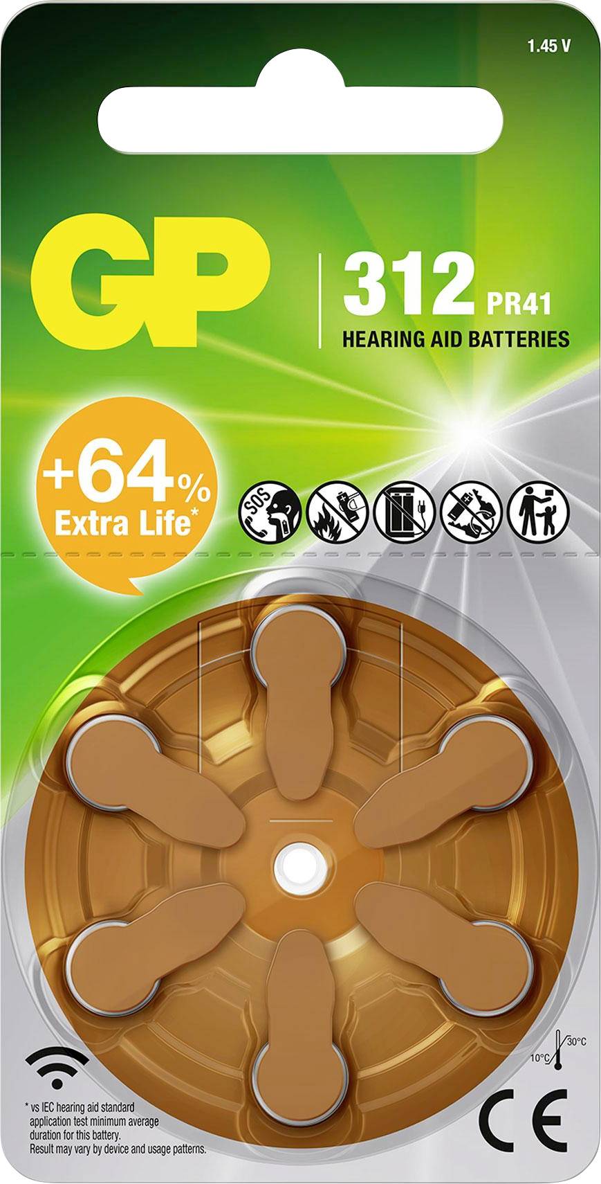 „GP 312 PR41 Hörgerätebatterien, +64% längere Lebensdauer, 1,45V