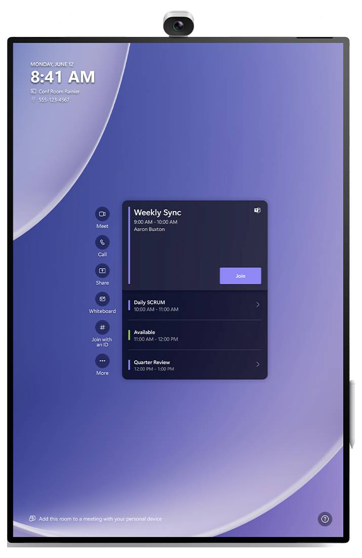 Ein digitaler Bildschirm zeigt einen Zeitplan mit einem „Weekly Sync