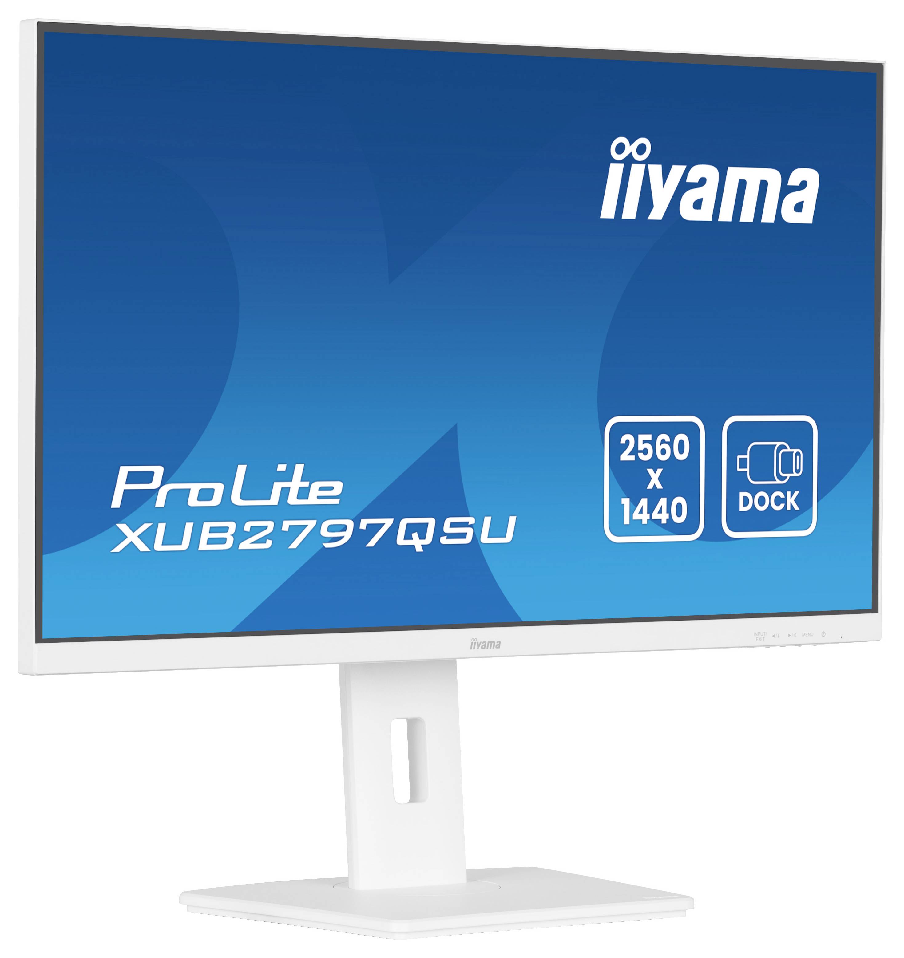 Ein weißer iiyama ProLite Monitor zeigt sein Modell XUB2797QSU, eine Auflösung von 2560x1440 und die Funktion „DOCK