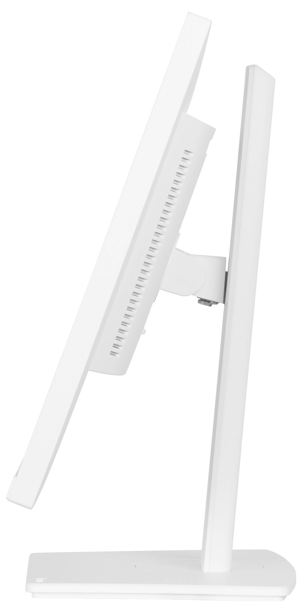 Eine Seitenansicht eines dünnen, modernen weißen Computermonitors mit rechteckiger Basis und schlankem Profil. Das Design ist minimalistisch und elegant.