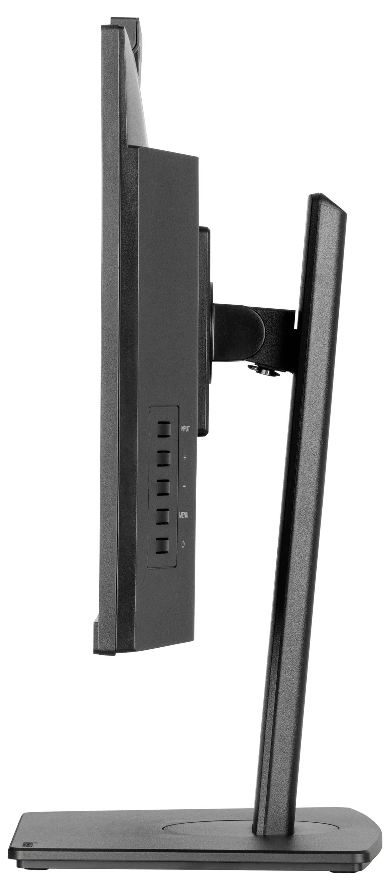 Seitenansicht eines flachen Flachbildschirm-Computermonitors auf einem Ständer, zeigt dünnes Profil und Bedienfeld an der Seite.