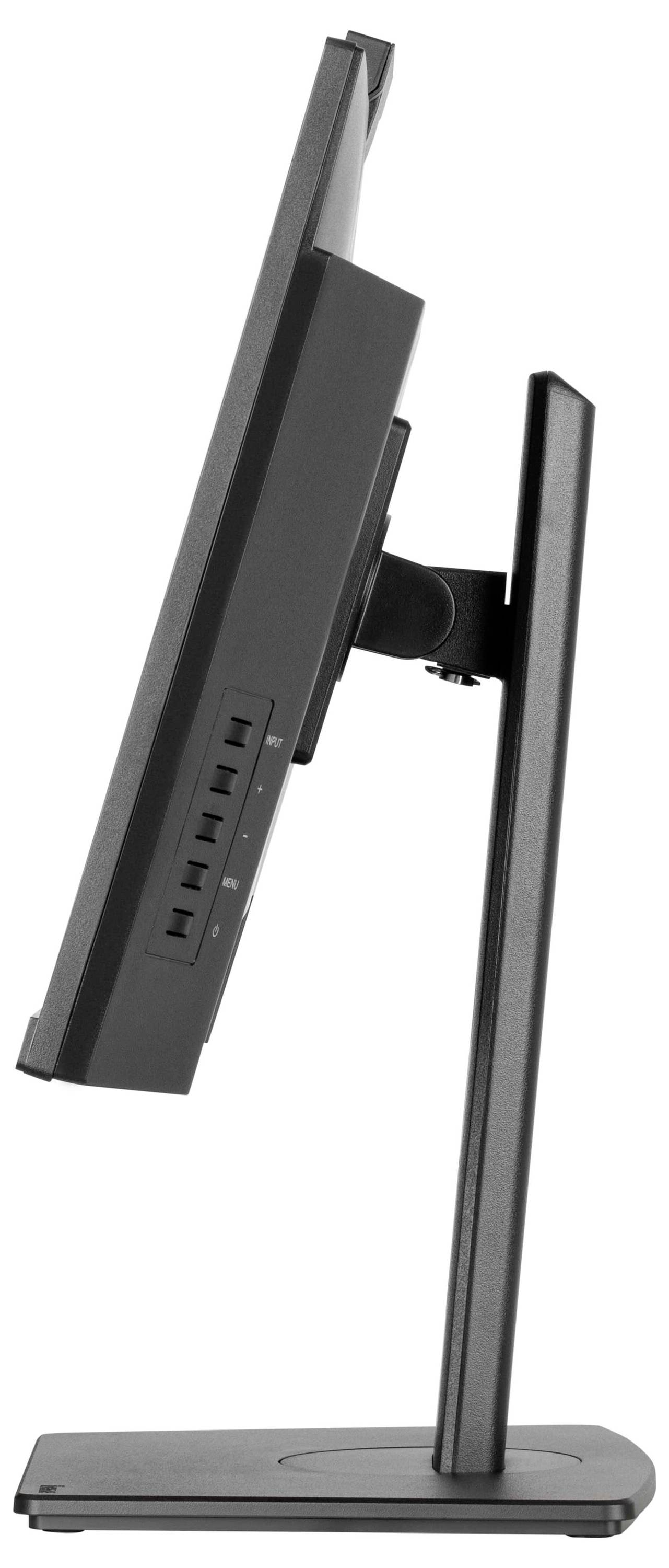 Ein dünner, schwarzer Computermonitor von der Seite betrachtet, der ein elegantes Design mit einem verstellbaren Ständer zeigt.