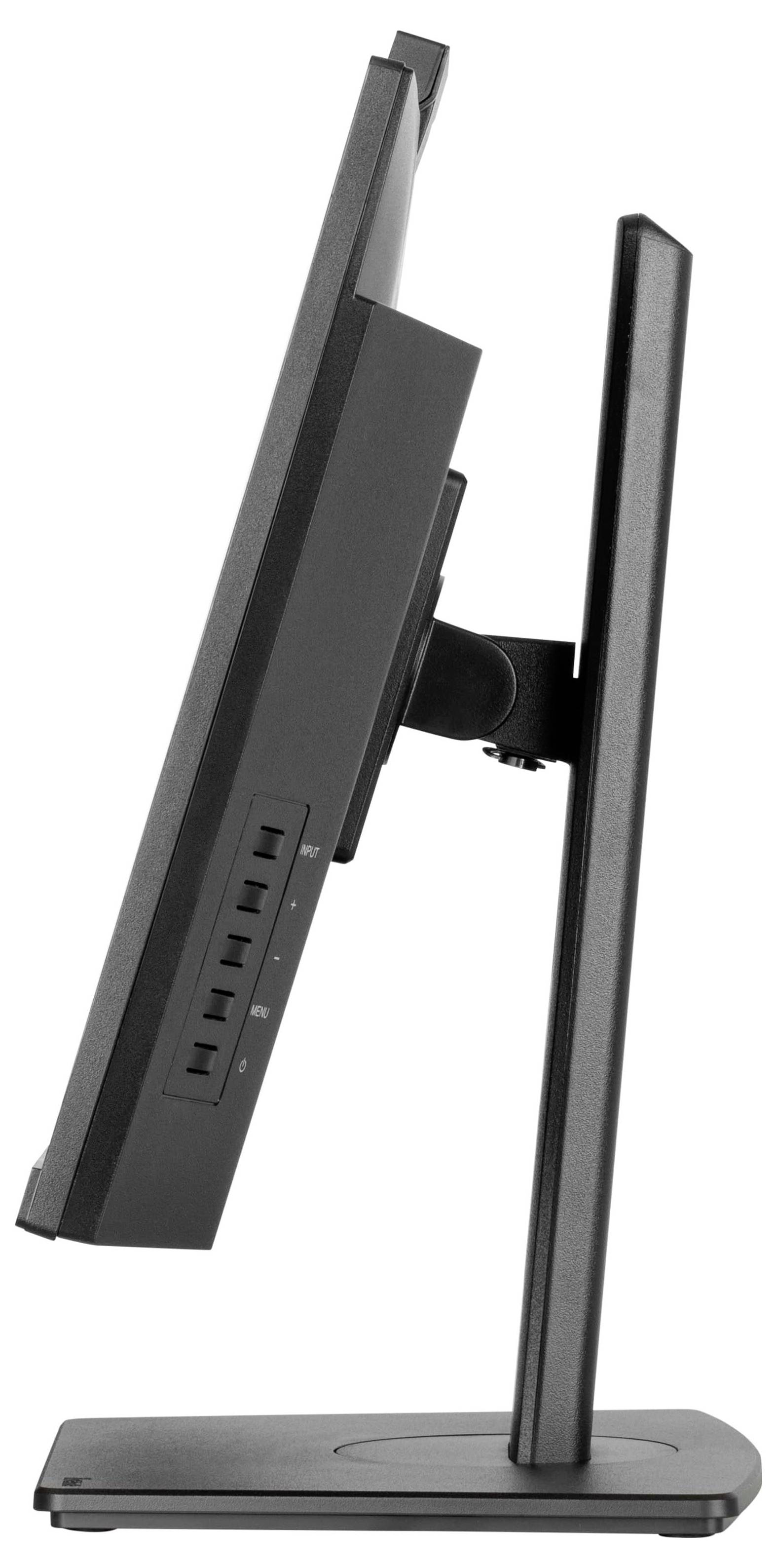 Eine Seitenansicht eines schlanken, schwarzen Computermonitors auf einem Ständer. Tasten sind auf der linken Seite des Monitorrahmens sichtbar.