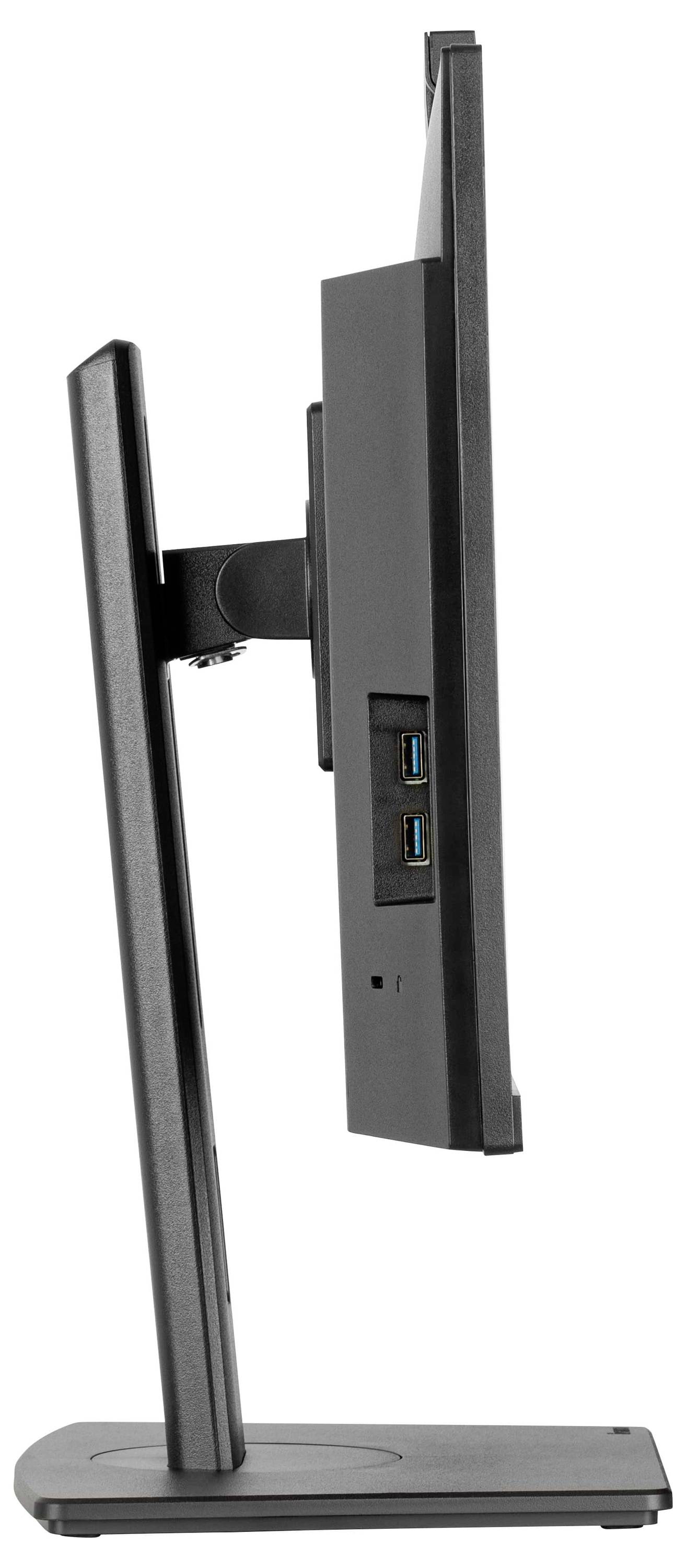 Eine Seitenansicht eines flachen Computermonitors mit schlankem Design, das zwei USB-Anschlüsse an der Seite und einen stabilen Ständer zeigt.