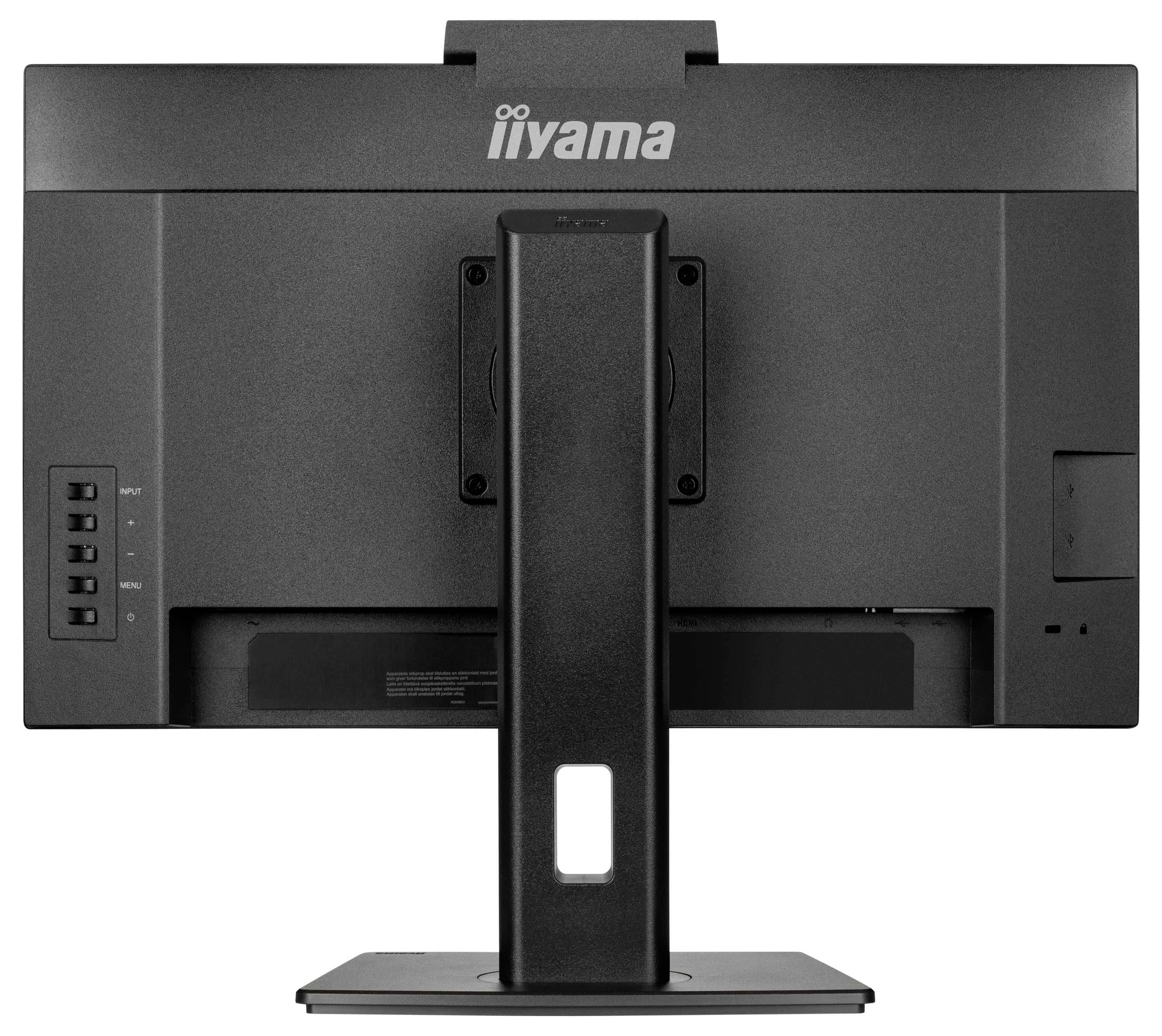 Ein schwarzer iiyama-Monitor von hinten betrachtet, der Tasten und Ständer zeigt, mit sichtbarem Branding oben auf dem Bildschirm.