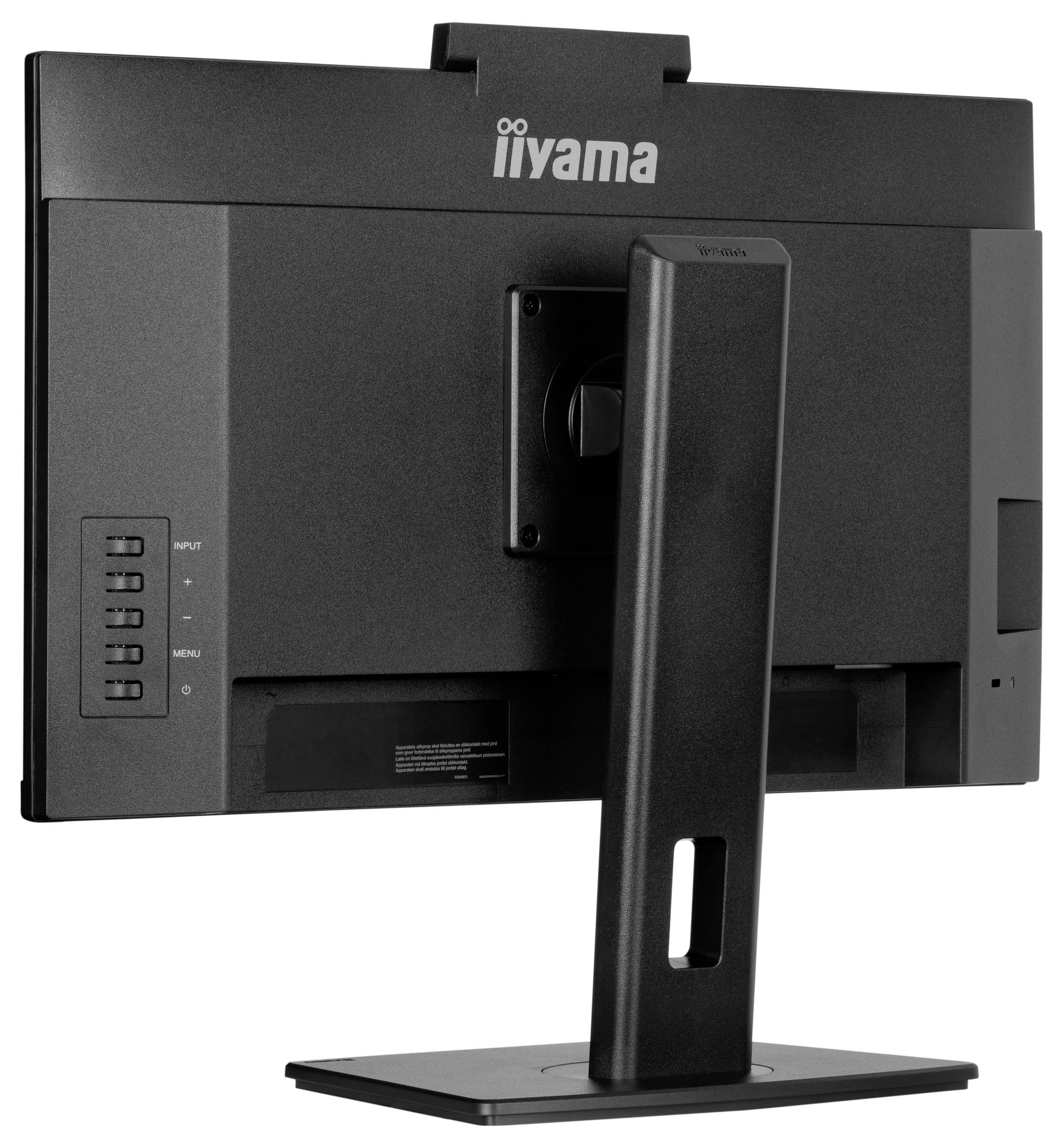 Ein schwarzer Computermonitor von hinten betrachtet, mit Markenlogo, verstellbarem Standfuß und hinteren Steuertasten.