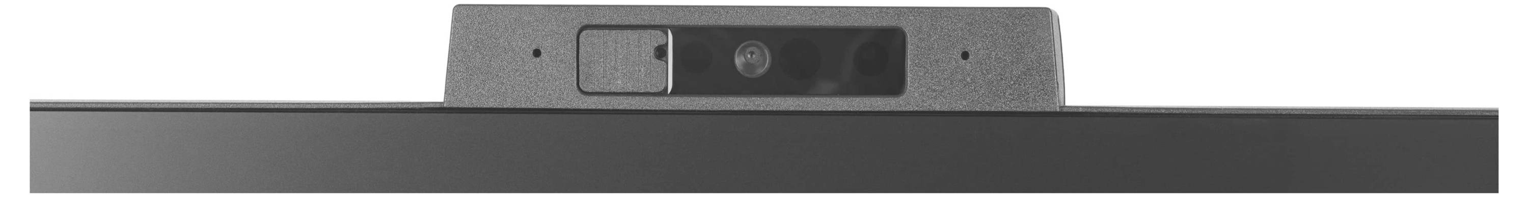 Eine graue Webcam, die oben auf einem schwarzen Monitor positioniert ist, mit einer Linse in der Mitte und einem kleinen Loch, wahrscheinlich für ein Mikrofon.