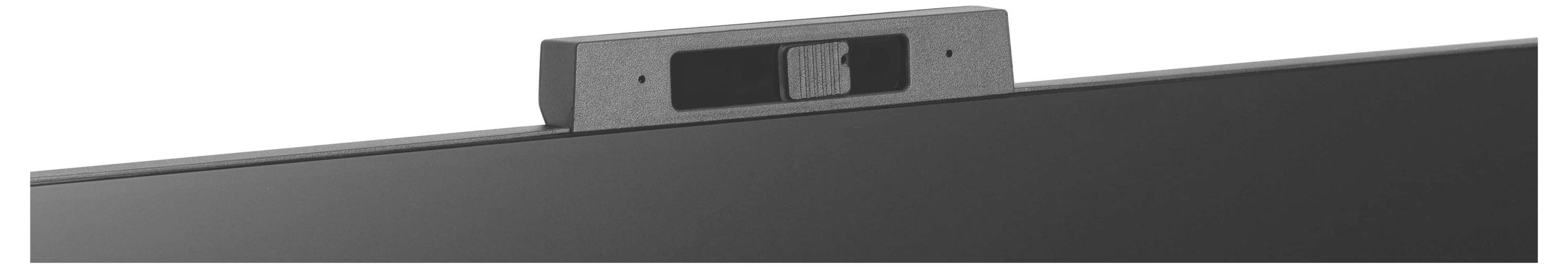 Ein schwarzer Laptop-Bildschirm mit einer eingebauten Webcam mit einer Schiebe-Datenschutzabdeckung, die über dem Bildschirm positioniert ist.