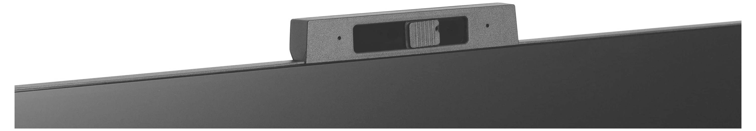 Eine Webcam mit einer verschiebbaren Datenschutzblende ist auf einem Monitor montiert und zeigt die teilweise geöffnete Blende.