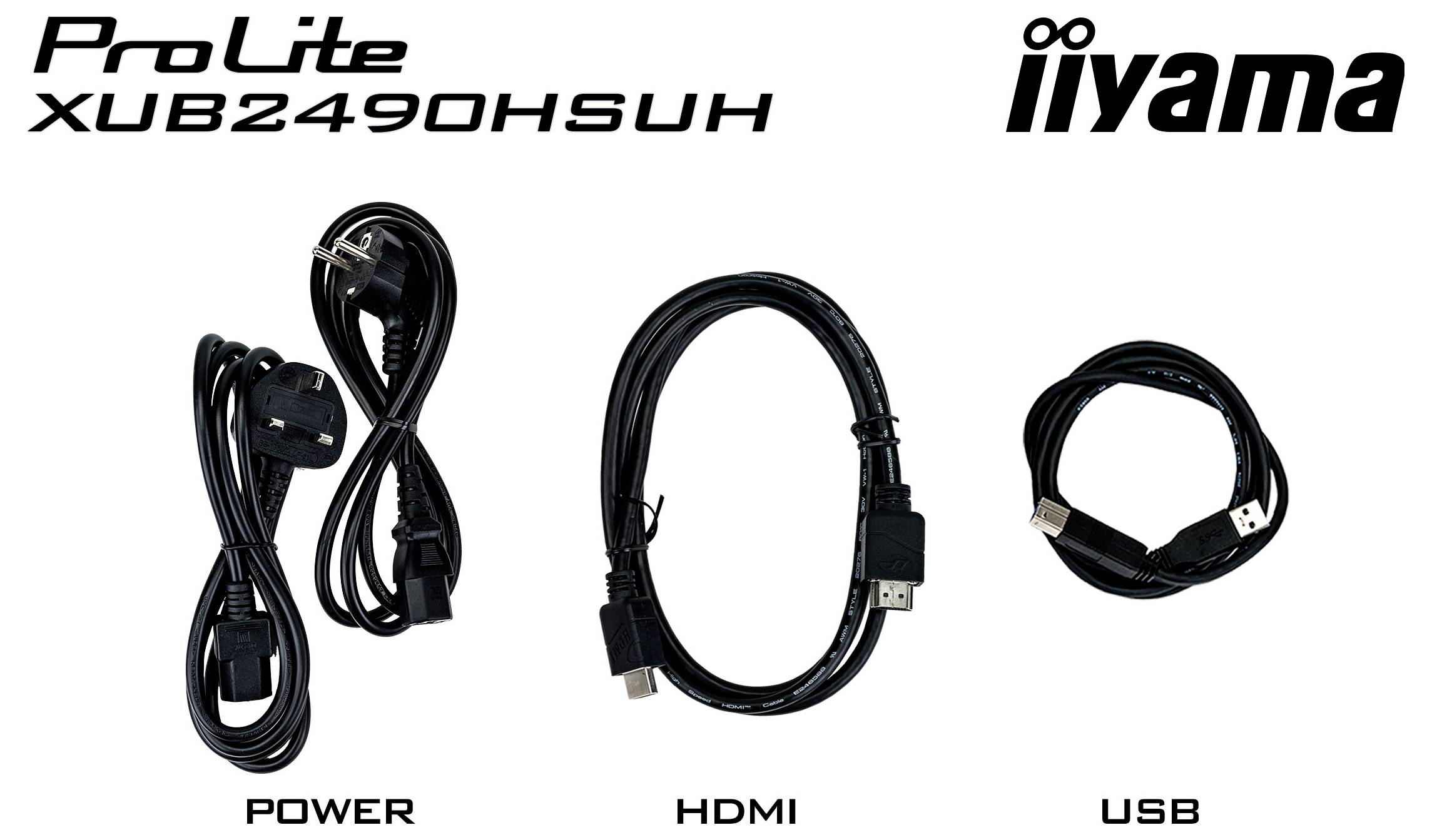 Iiyama ProLite T5529AS Monitor-Kabel: Stromkabel, HDMI- und RS-232C-Kabel werden angezeigt, die für Konnektivität und Einrichtung unverzichtbar sind.