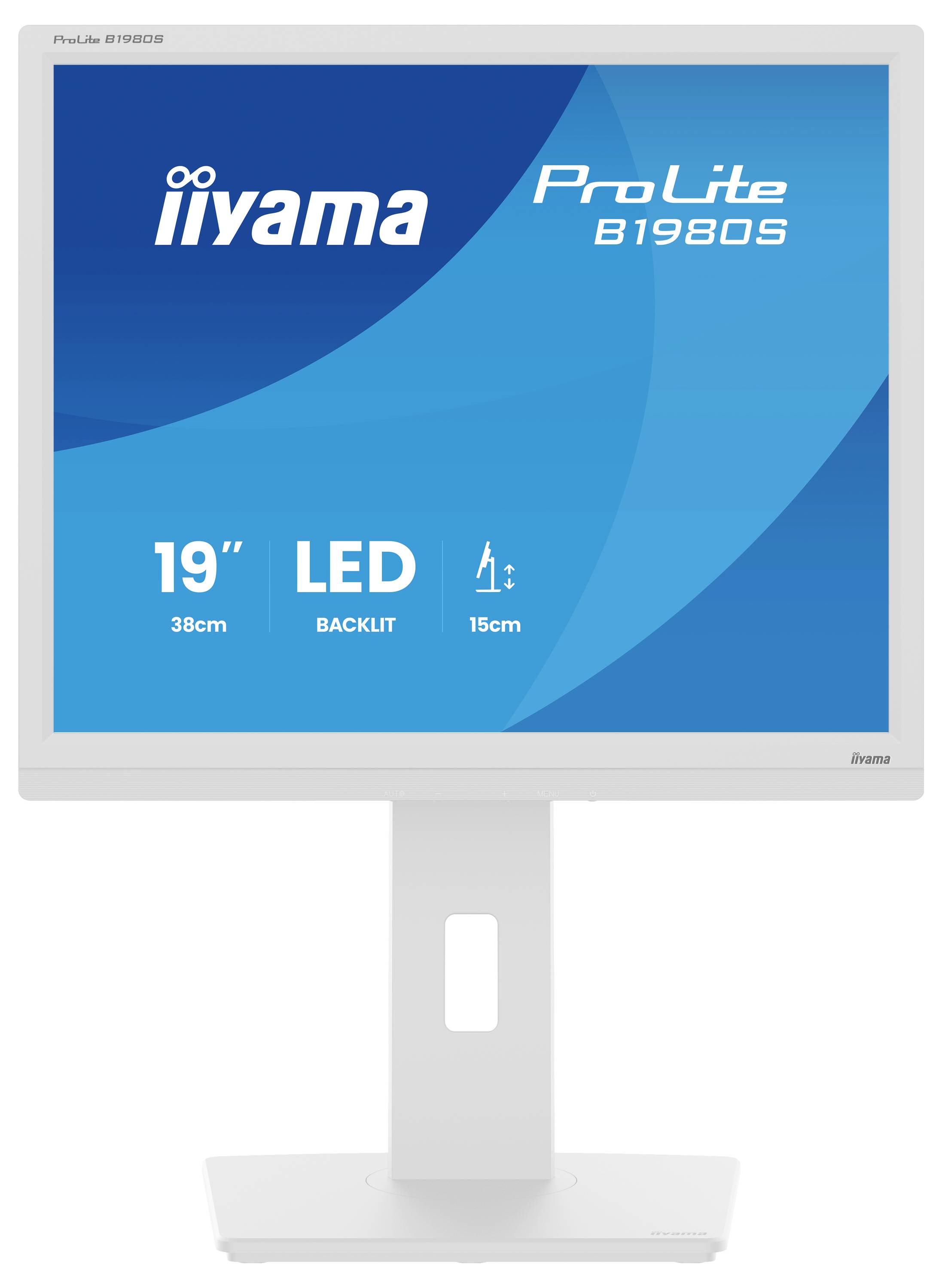 Ein weißer Computermonitor mit breitem Standfuß wird von hinten betrachtet und zeigt seinen verstellbaren Neigungsmechanismus sowie ein subtiles Markenlogo oben.