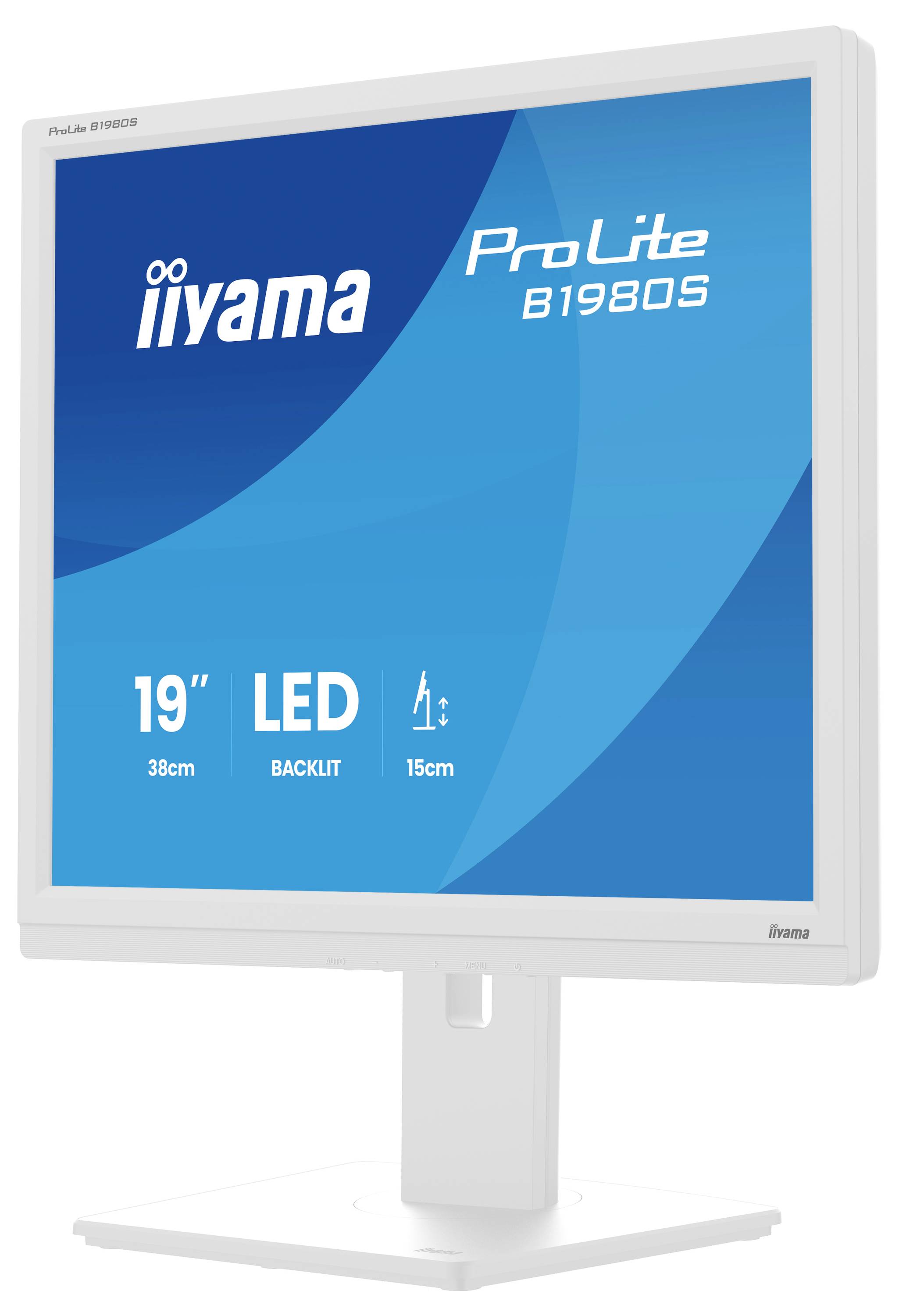 Ein weißer 19-Zoll-LED-Monitor mit blauem Bildschirm, auf dem die Marke „iiyama