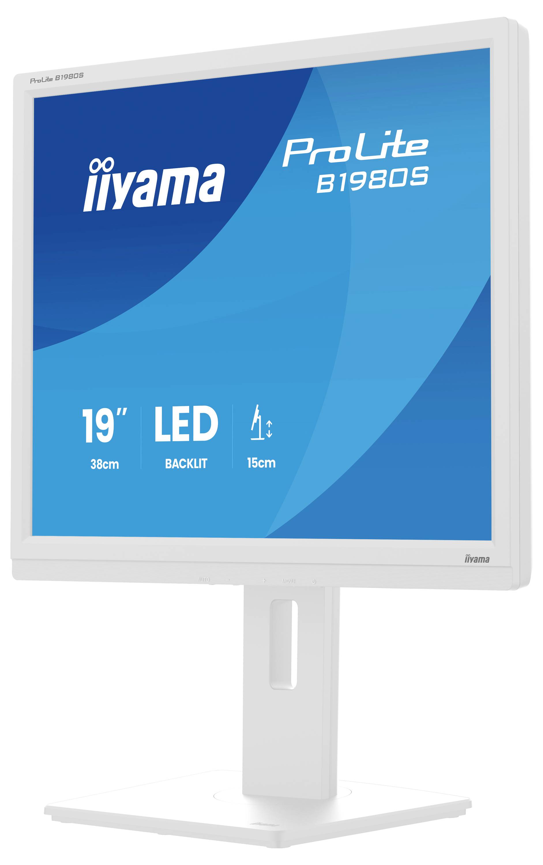 Ein 19-Zoll-LED-Monitor iiyama ProLite B1980S mit höhenverstellbarem Ständer, der einen blauen Bildschirm mit angezeigten Spezifikationen zeigt.