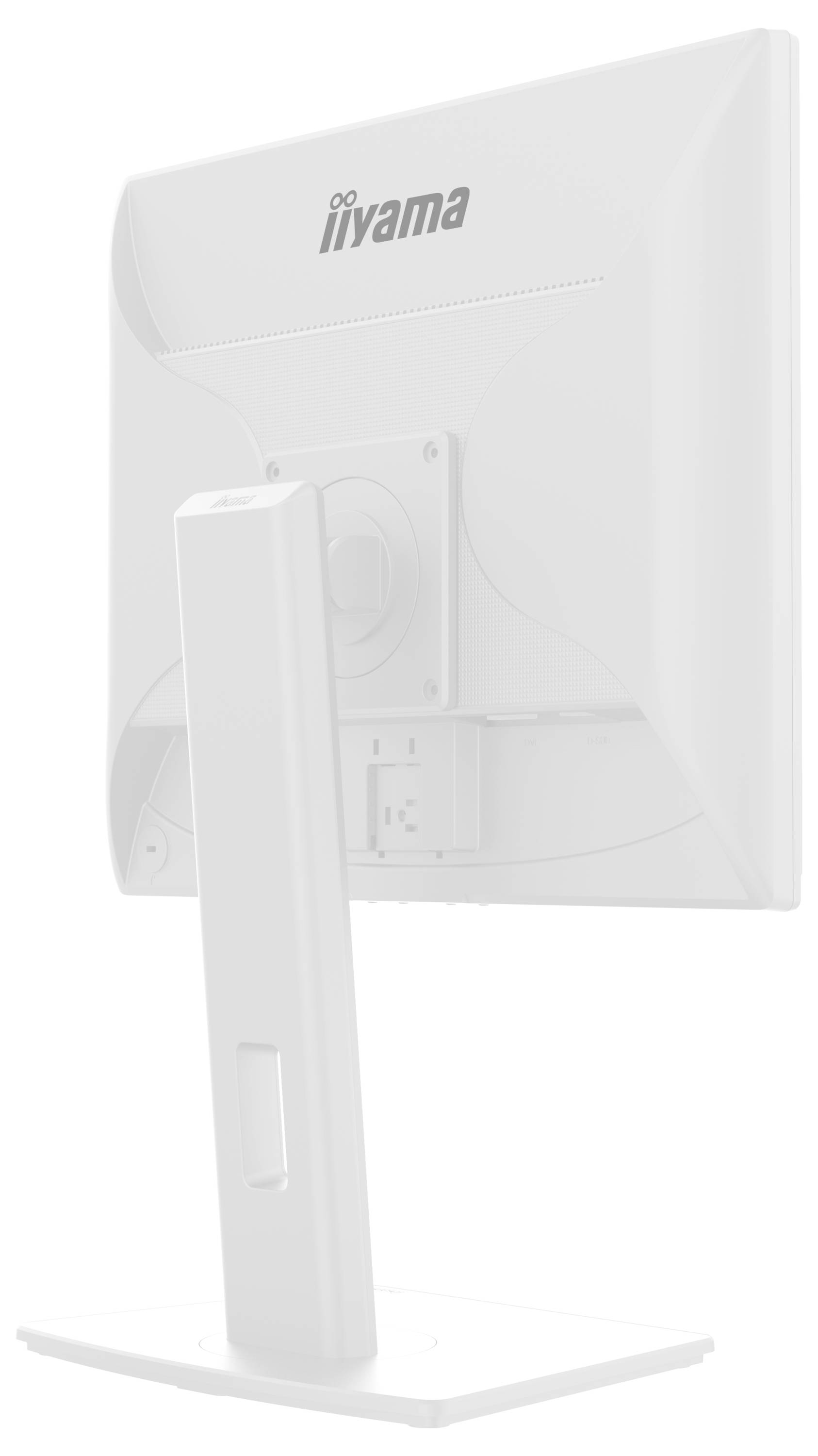 Ein von hinten betrachteter Computermonitor, angebracht auf einem rechteckigen Ständer.