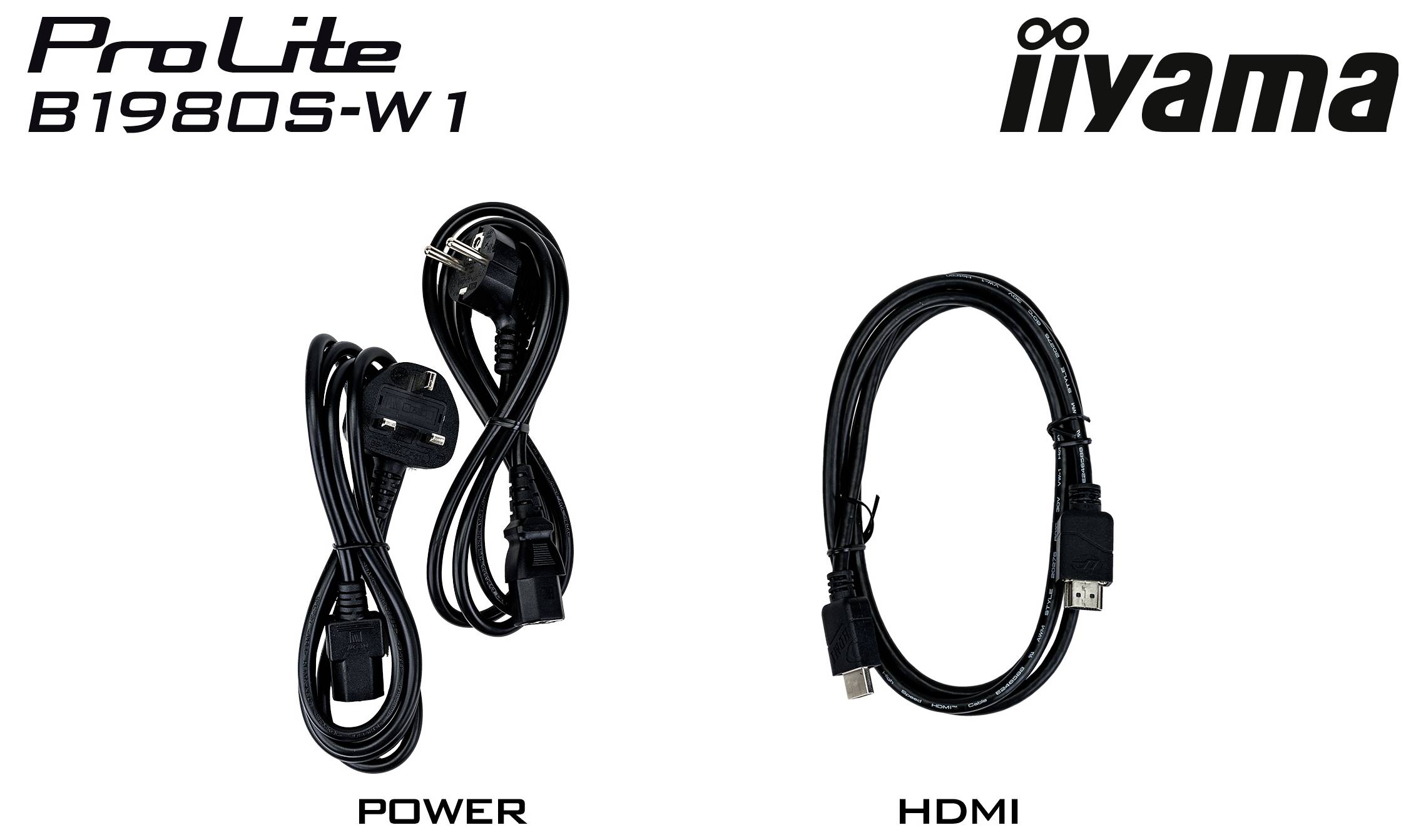 'ProLite B1980S-W1 iiyama' Text oben. Zwei Kabel darunter: ein Stromkabel mit der Beschriftung 'POWER' und ein HDMI-Kabel mit der Beschriftung 'HDMI'.