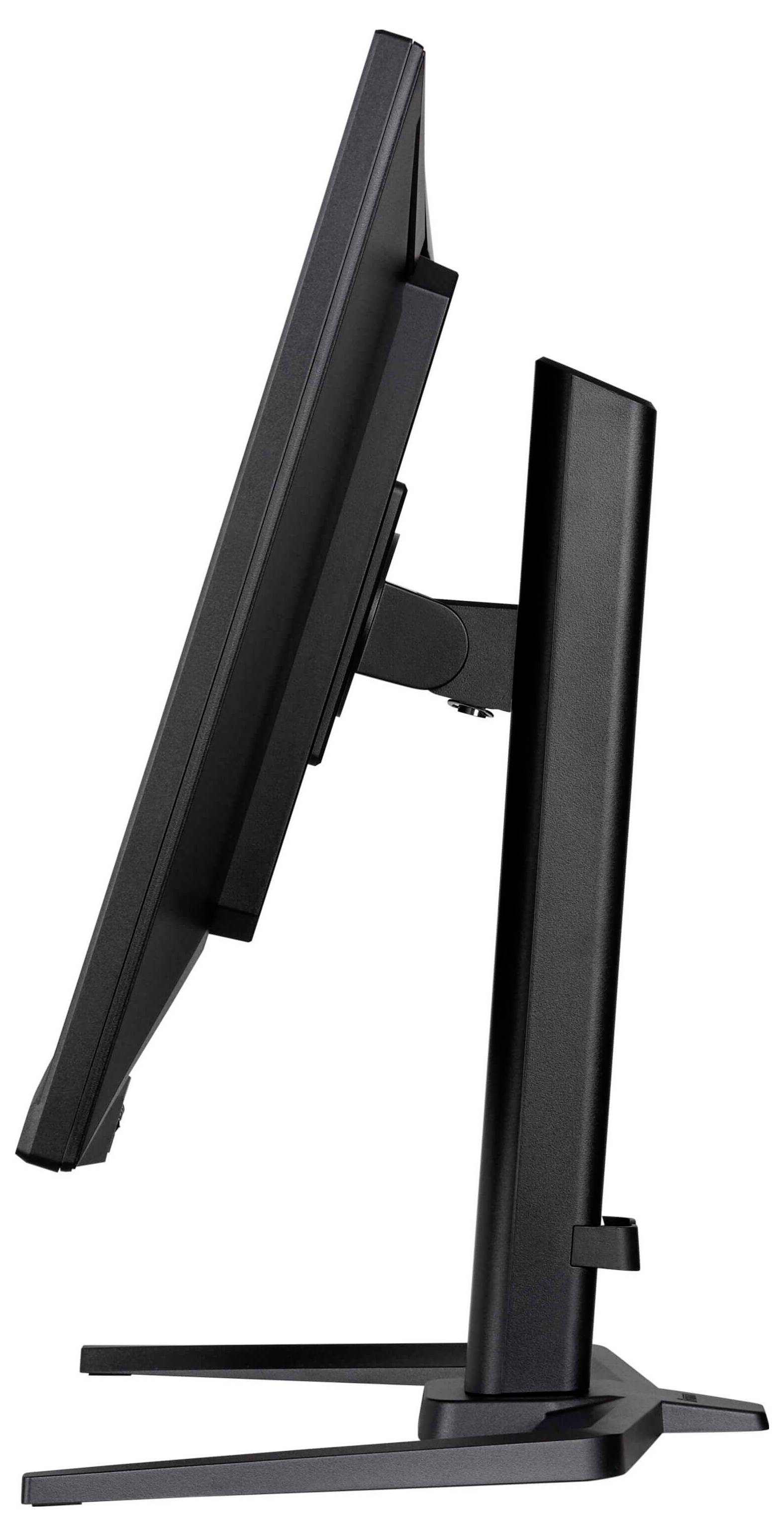 Seitenansicht eines modernen, dünnen Computermonitors in Schwarz, der sein schlankes Design und seinen verstellbaren Ständer zeigt.