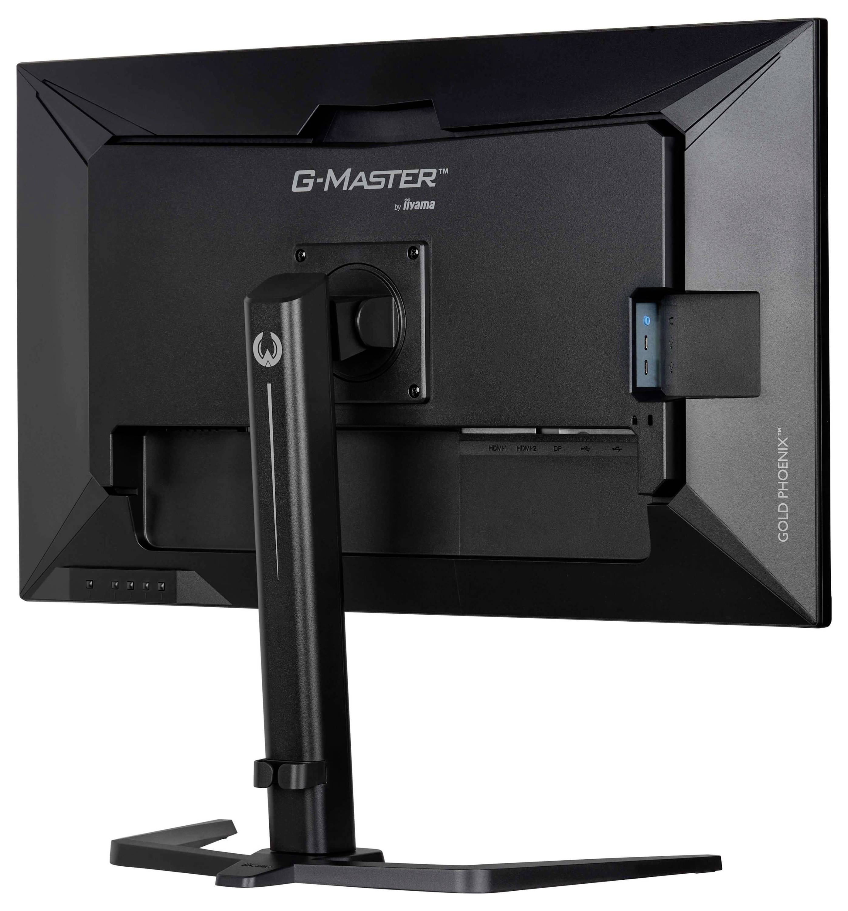 Rückansicht eines schwarzen Gaming-Monitors mit der Bezeichnung „G-Master