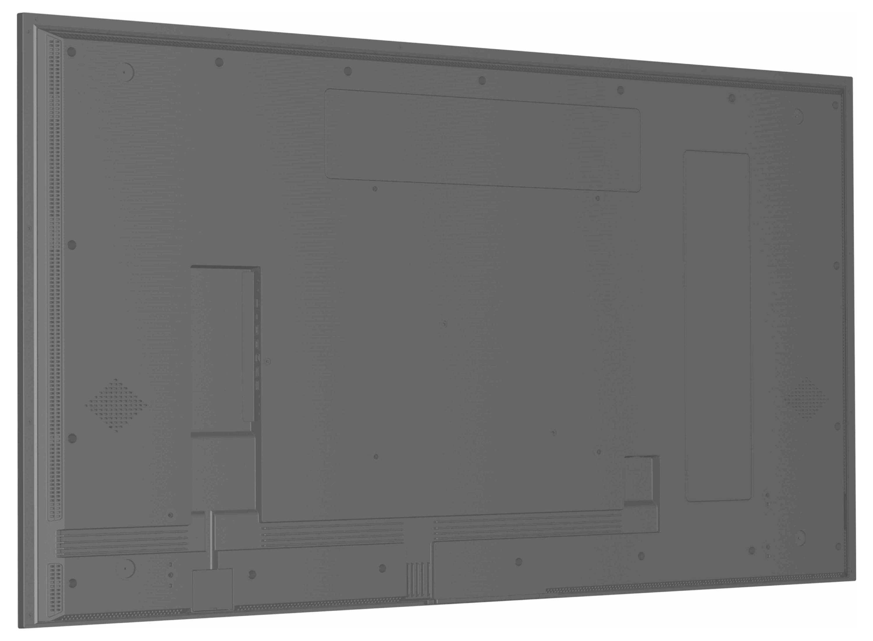 Rückansicht eines Flachbildfernsehers mit Befestigungspunkten, Anschlussports und Lüftungsgittern mit einheitlicher dunkelgrauer Oberfläche.