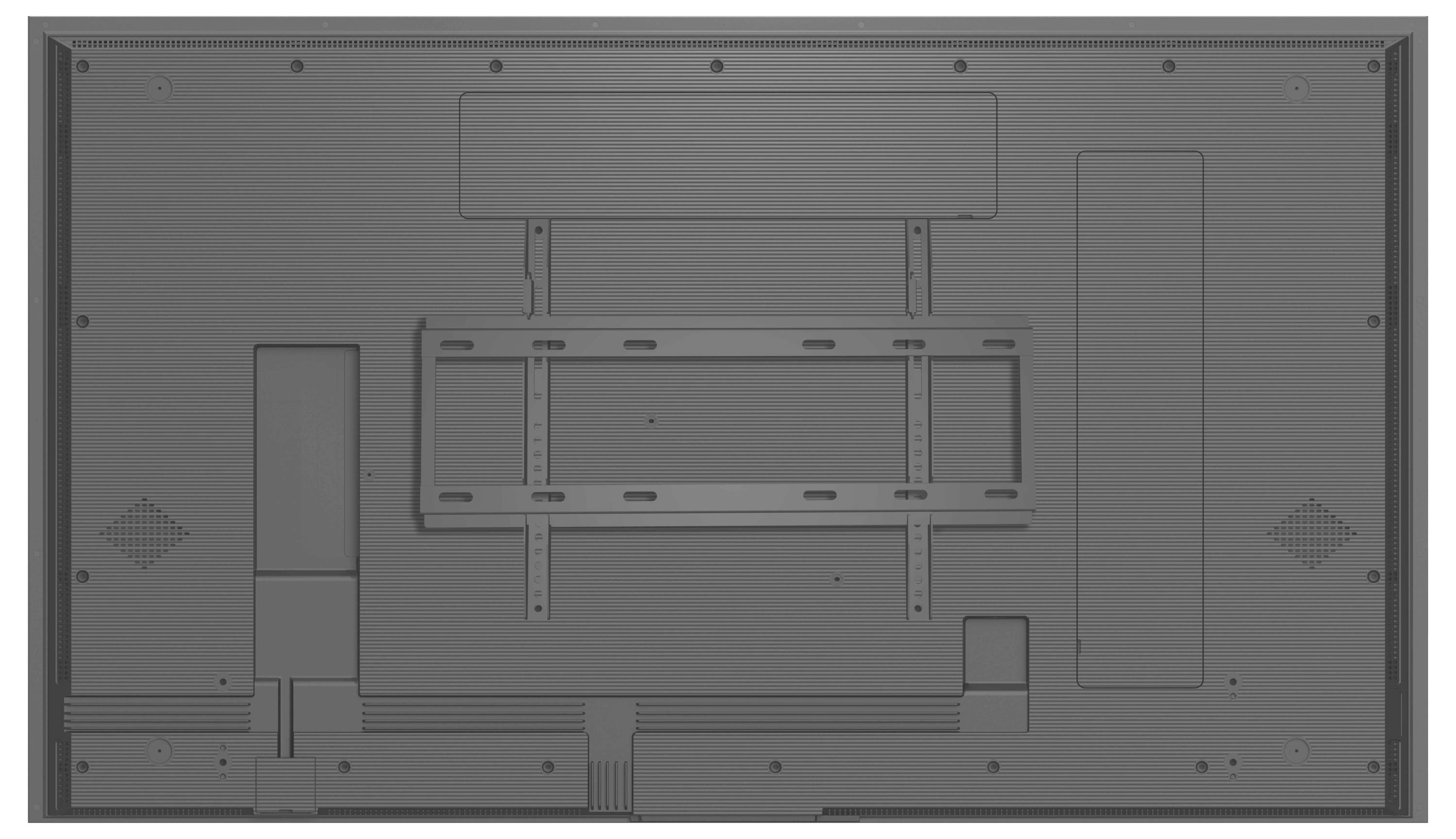 Rückansicht eines Flachbildfernsehers mit Befestigungsklammern, Belüftungspanelen und Anschlussports.
