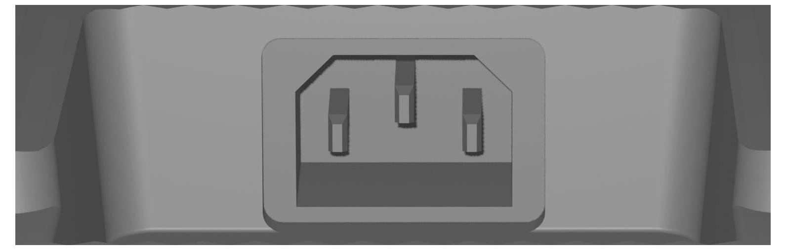 Ein Nahaufnahmebild einer IEC-60320-C14-Stromsteckdose, üblicherweise in Stromversorgungen und Ausrüstungen zu finden, zum Anschluss eines Stromkabels.