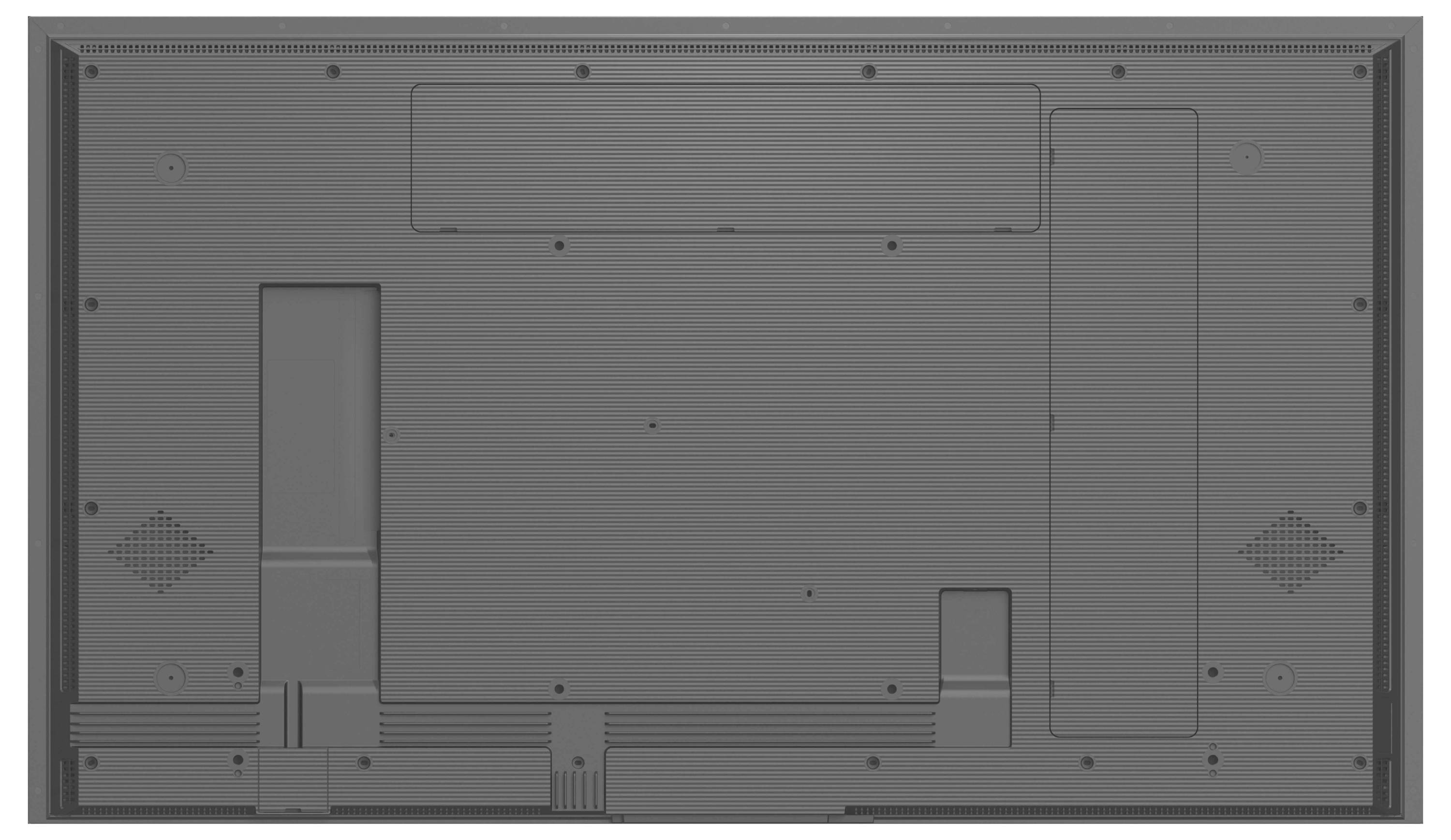 Die Rückseite eines großen Flachbildfernsehers mit Lüftungsöffnungen, Anschlüssen und Befestigungsbereichen, symmetrisch angeordnet mit gerippter Textur.