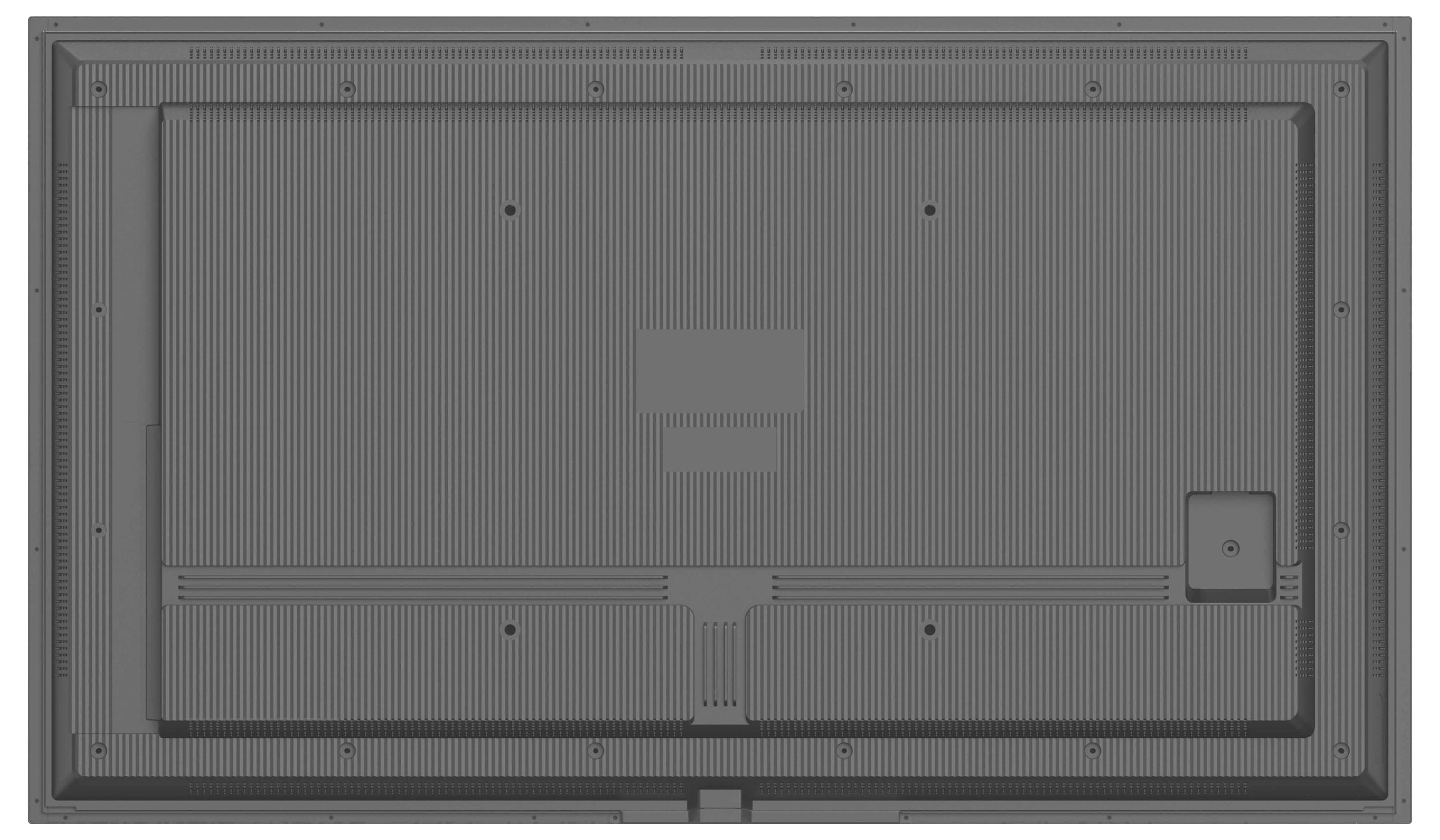 Die Rückseite eines Flachbildfernsehers mit Lüftungsöffnungen, Befestigungslöchern und Anschlüssen in einem rechteckigen Rastermuster.
