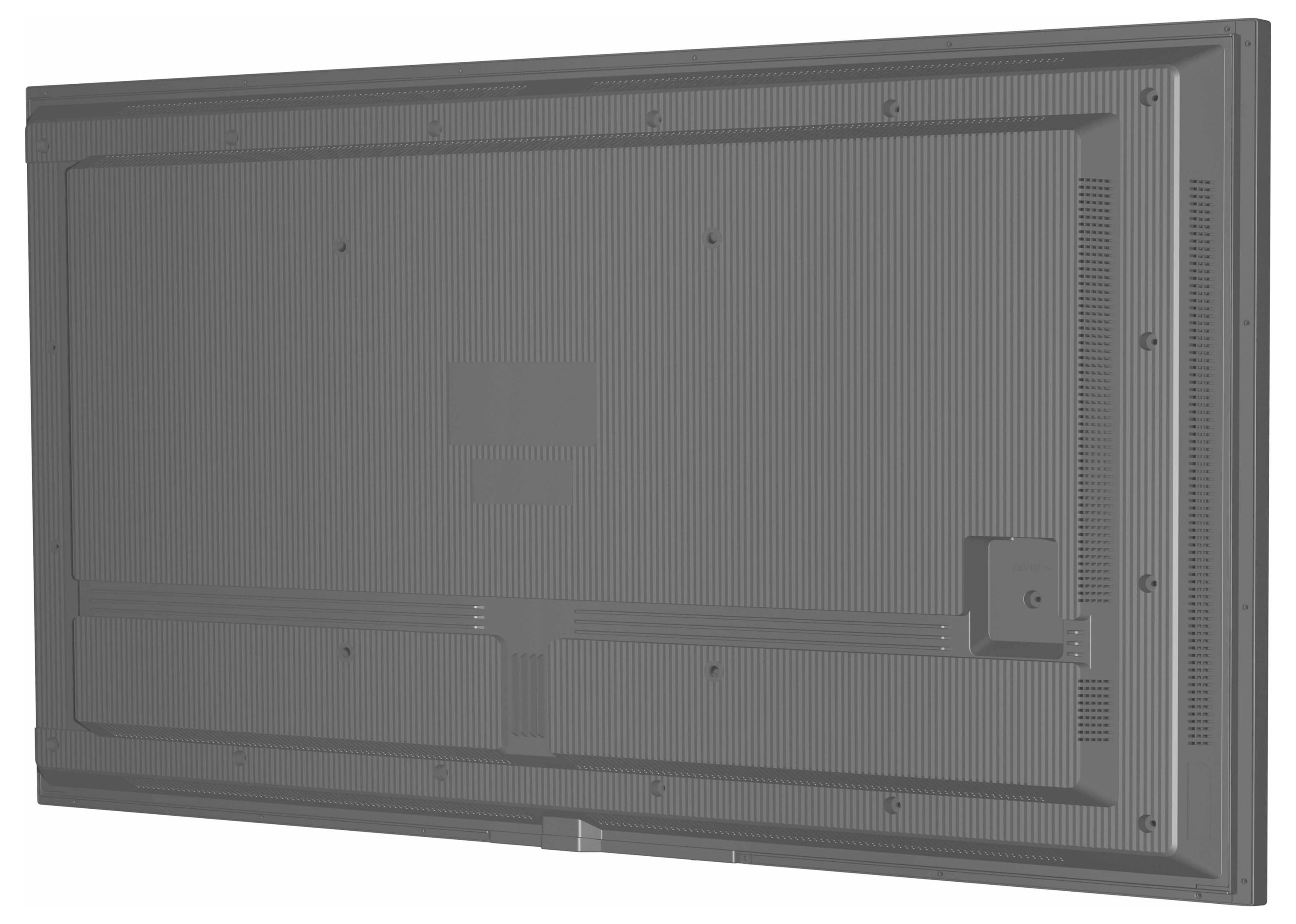 Rückansicht eines großen, wandmontierten Flachbildschirms mit sichtbaren Lüftungsschlitzen und Befestigungspunkten.
