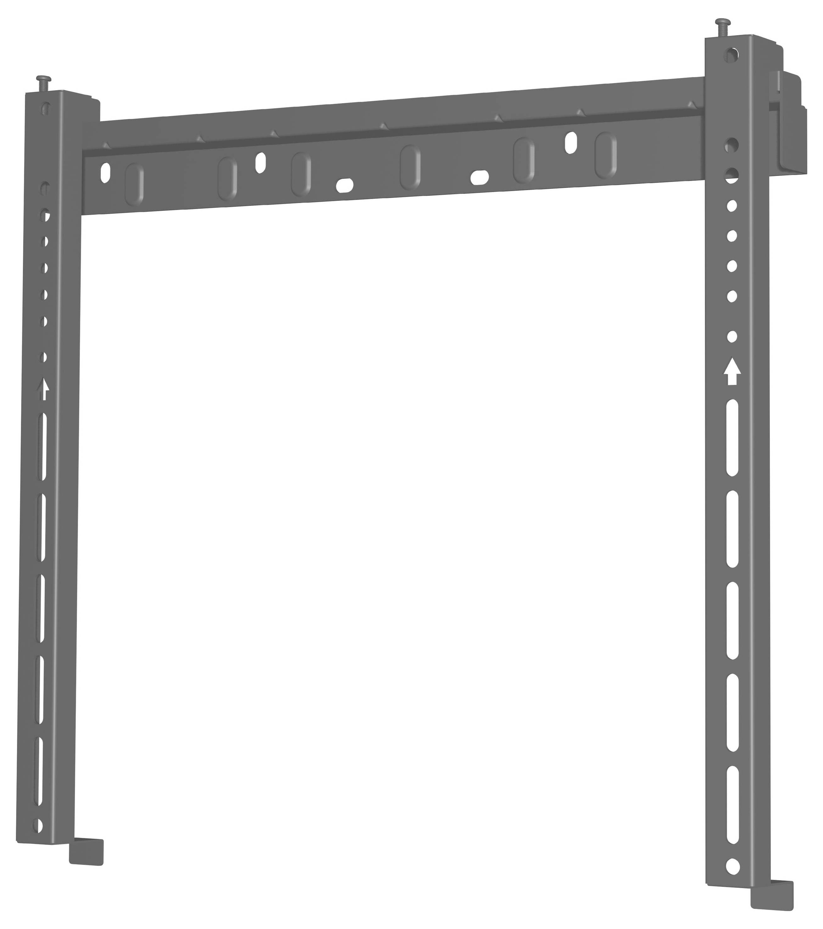Eine wandmontierte Metallhalterung mit verstellbaren vertikalen Armen und mehreren Bohrungen zur Befestigung von Ausrüstung.
