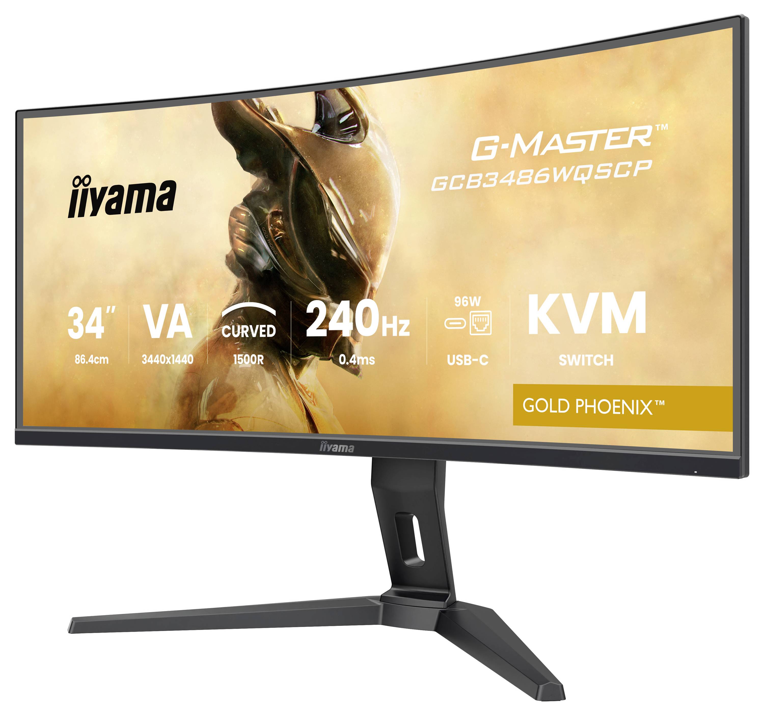 iiyama G-Master GOLD PHOENIX Monitor mit 34-Zoll-Curved-Display, 3440x1440 Auflösung, 240Hz Bildwiederholfrequenz und KVM-Schalter.